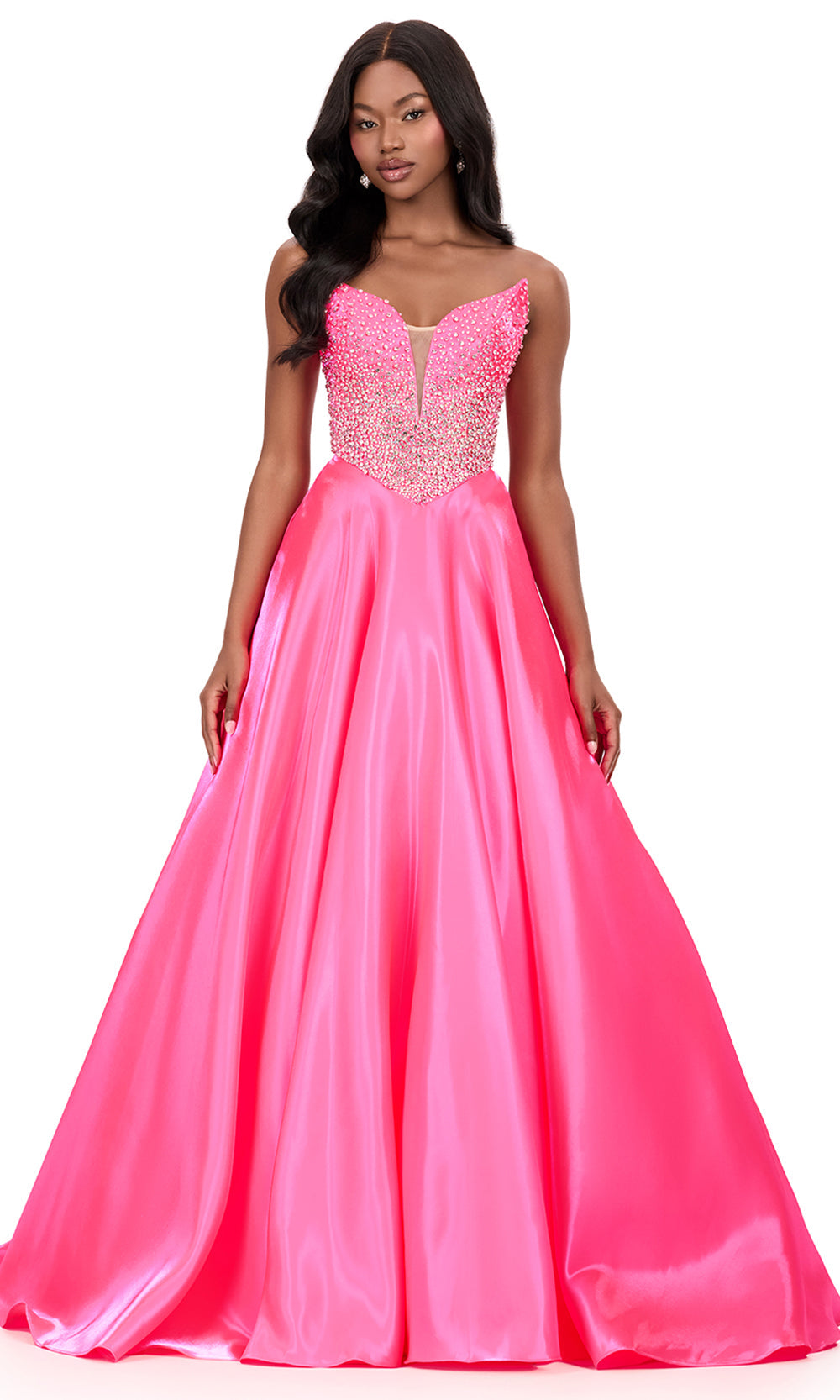 Ashley Lauren 12198 - Crystal Detailed Bustier Satin Ballgown in Hot Pink