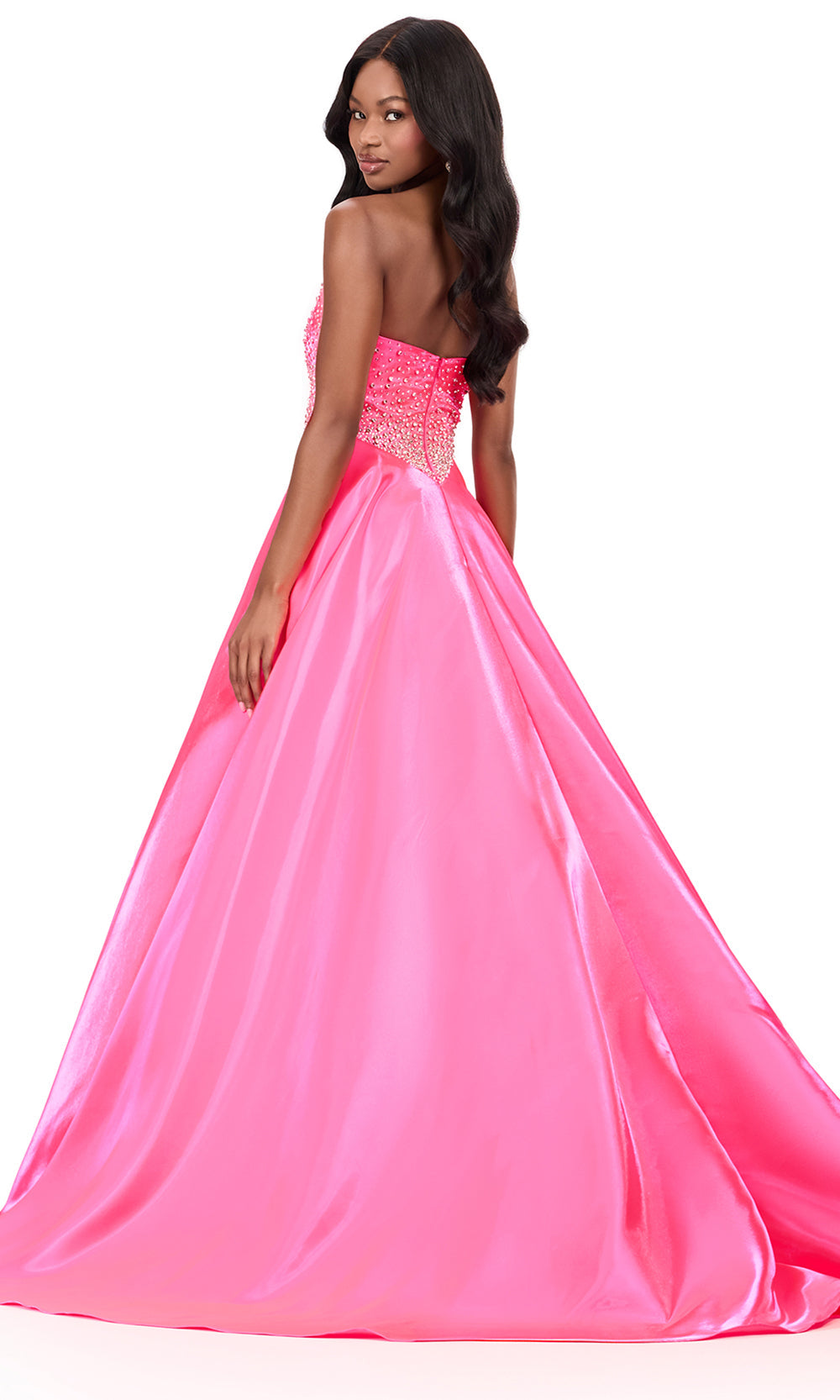 Ashley Lauren 12198 - Crystal Detailed Bustier Satin Ballgown in Hot Pink