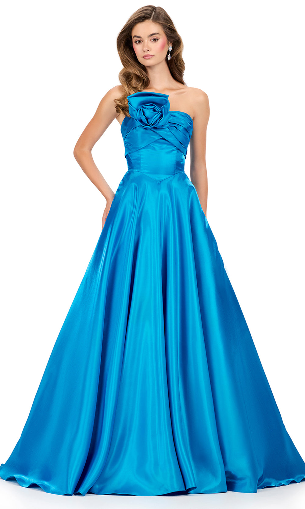 Ashley Lauren 12199 - A-Lin e Satin Rosette Evening Gown in Peacock