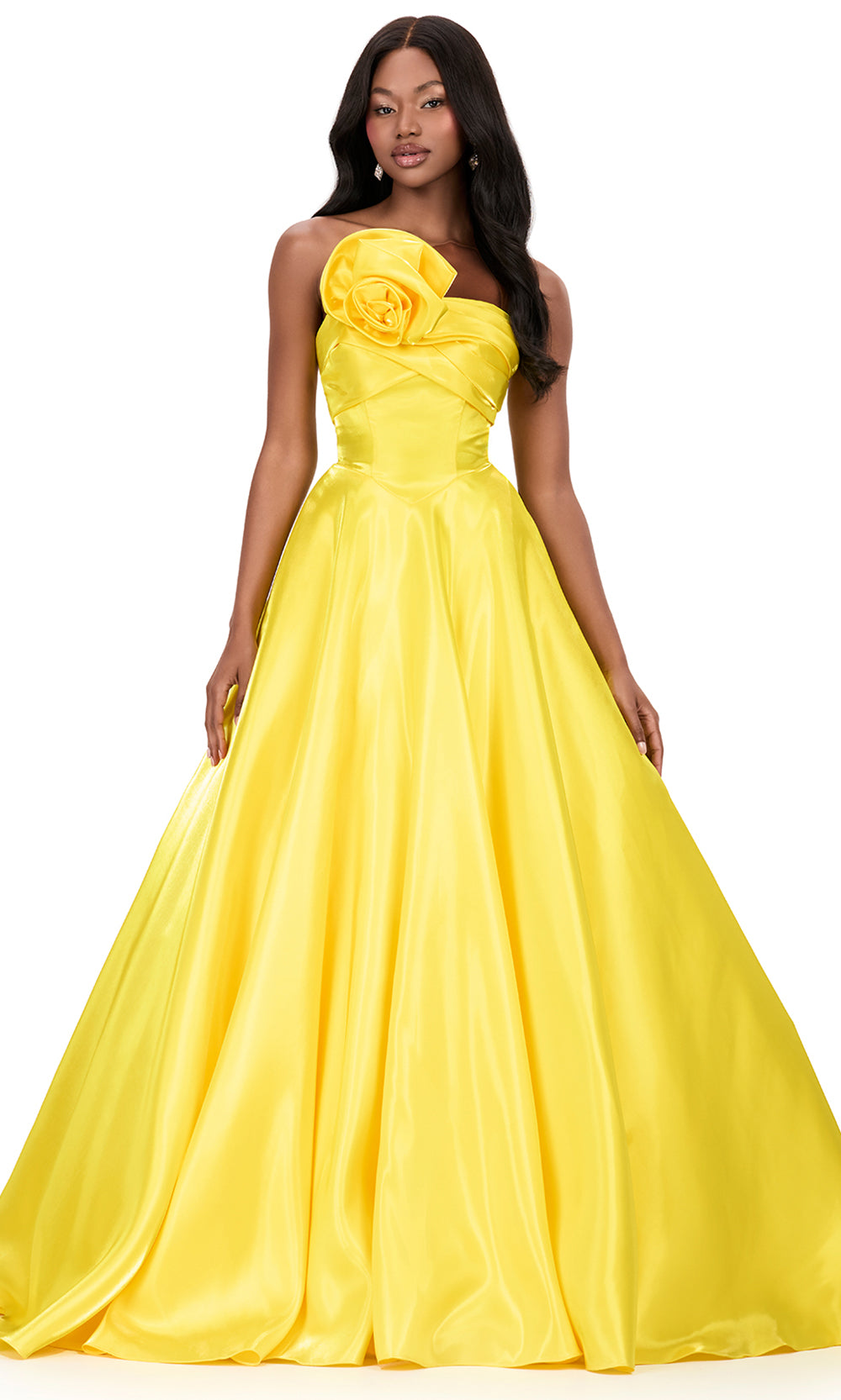Ashley Lauren 12199 - A-Lin e Satin Rosette Evening Gown in Yellow