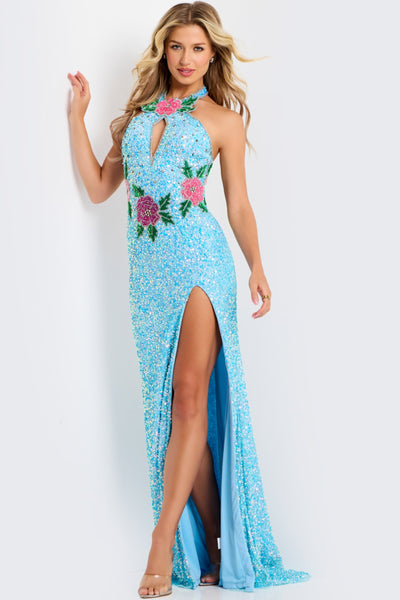 Jovani 46086 - Allover Sequin Keyhole Halter Gown Prom Dresses in In Blue
