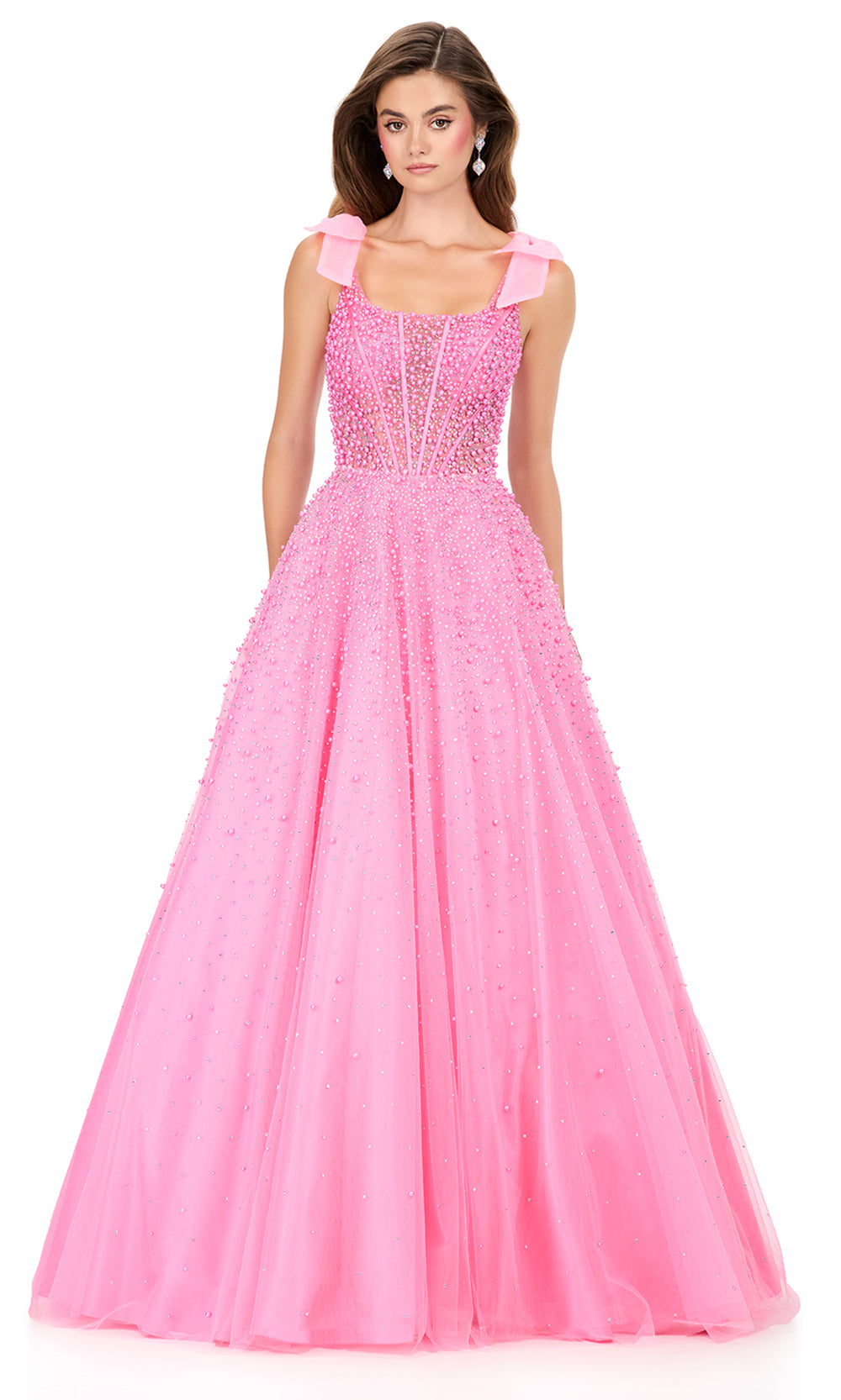 Ashley Lauren 12204 - Shoulder Bow Strap Pearl Beaded Dress in Ice Pink