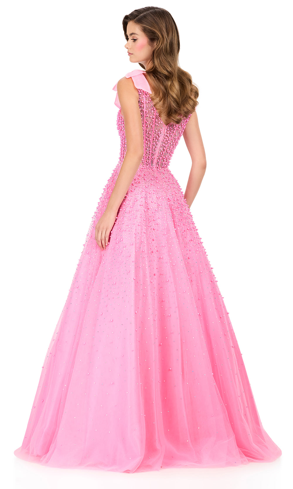 Ashley Lauren 12204 - Shoulder Bow Strap Pearl Beaded Dress in Ice Pink