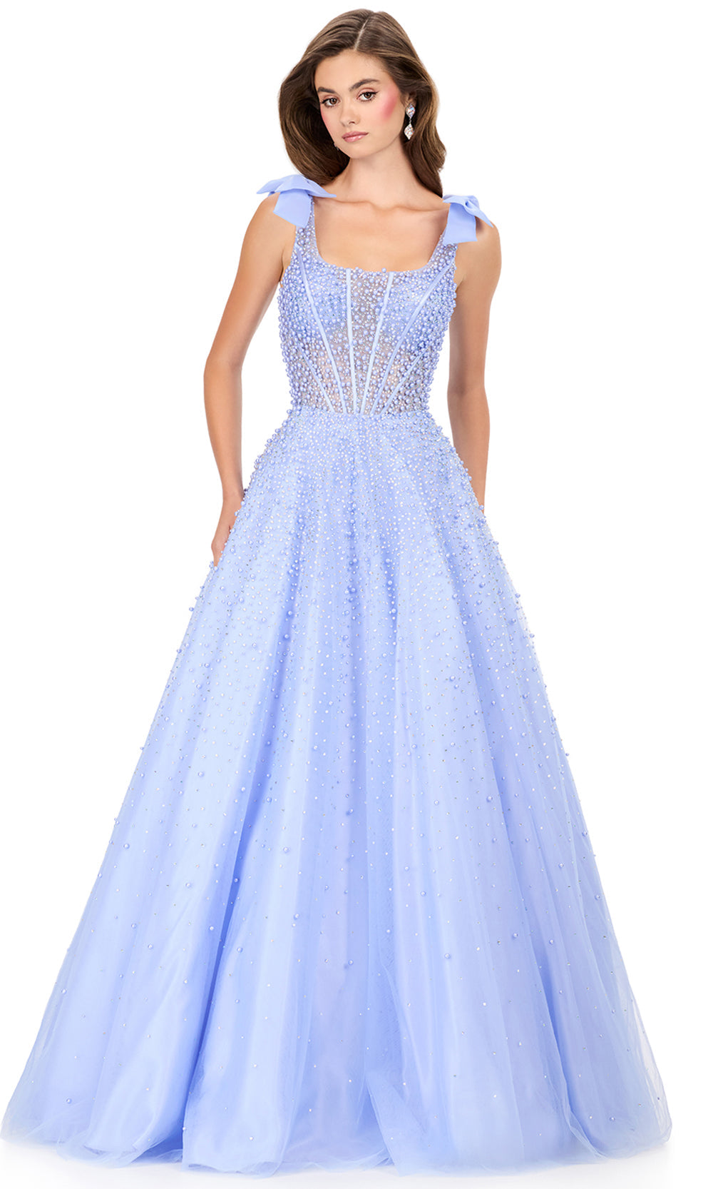 Ashley Lauren 12204 - Shoulder Bow Strap Pearl Beaded Dress in Periwin kle