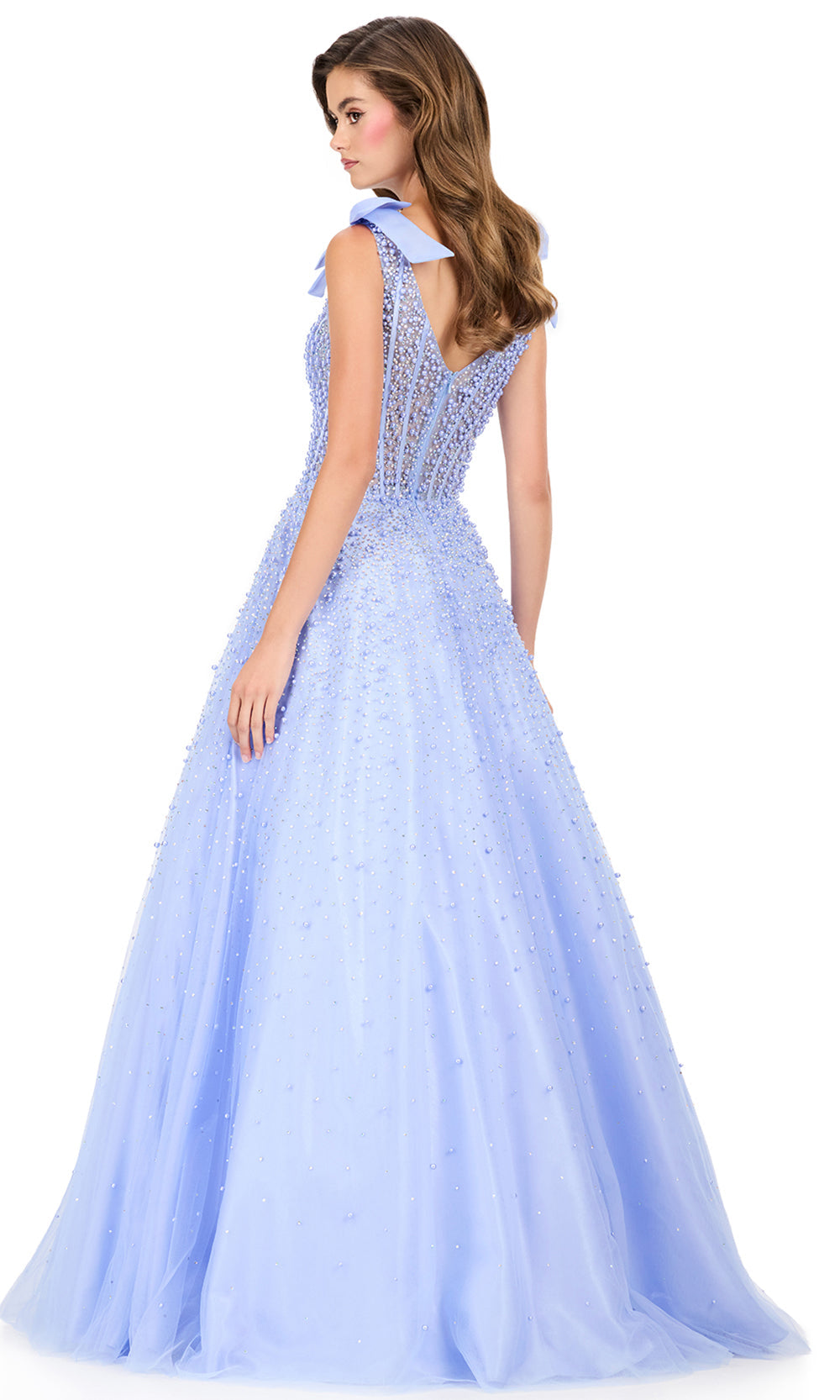 Ashley Lauren 12204 - Shoulder Bow Strap Pearl Beaded Dress in Periwin kle