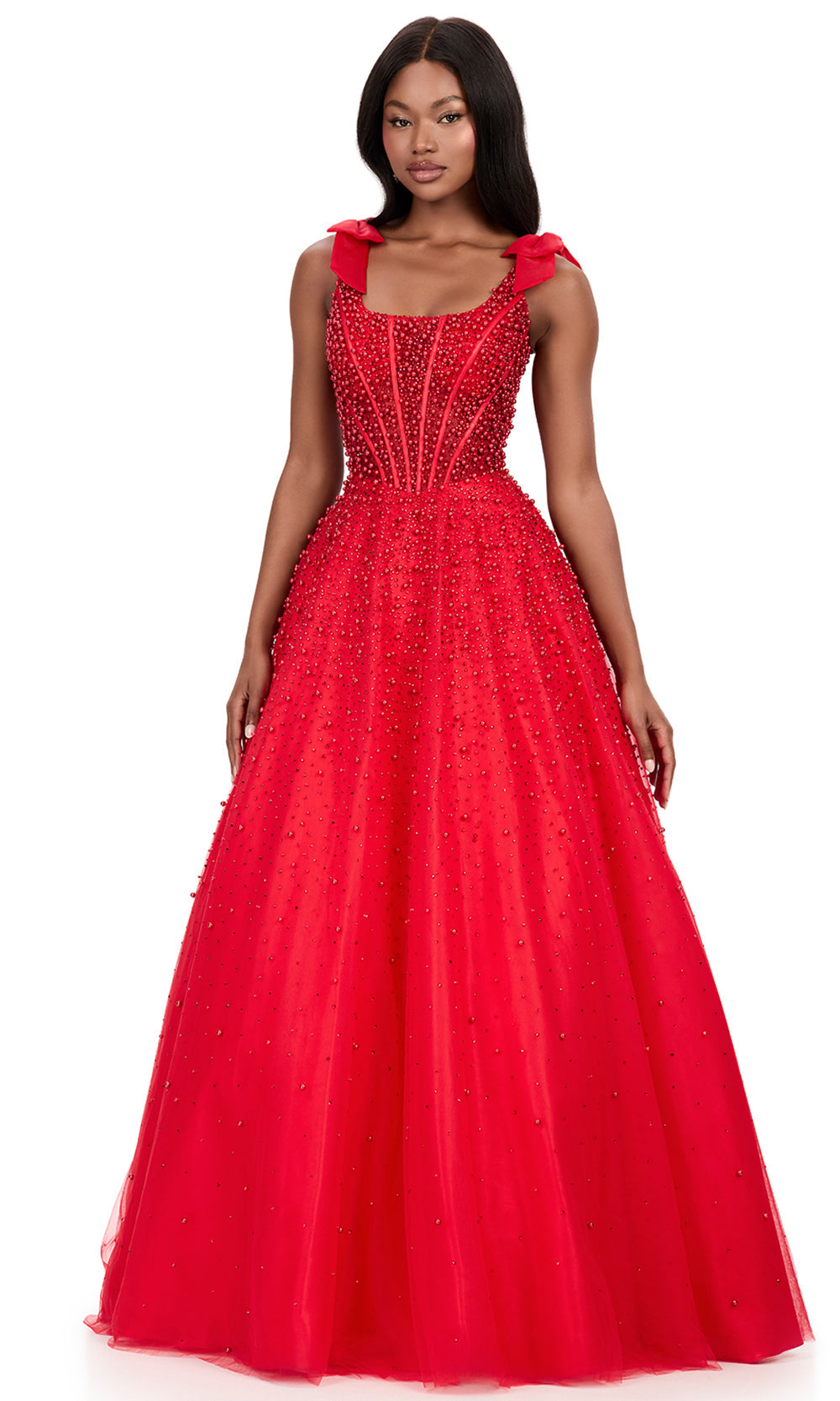 Ashley Lauren 12204 - Shoulder Bow Strap Pearl Beaded Dress in Red