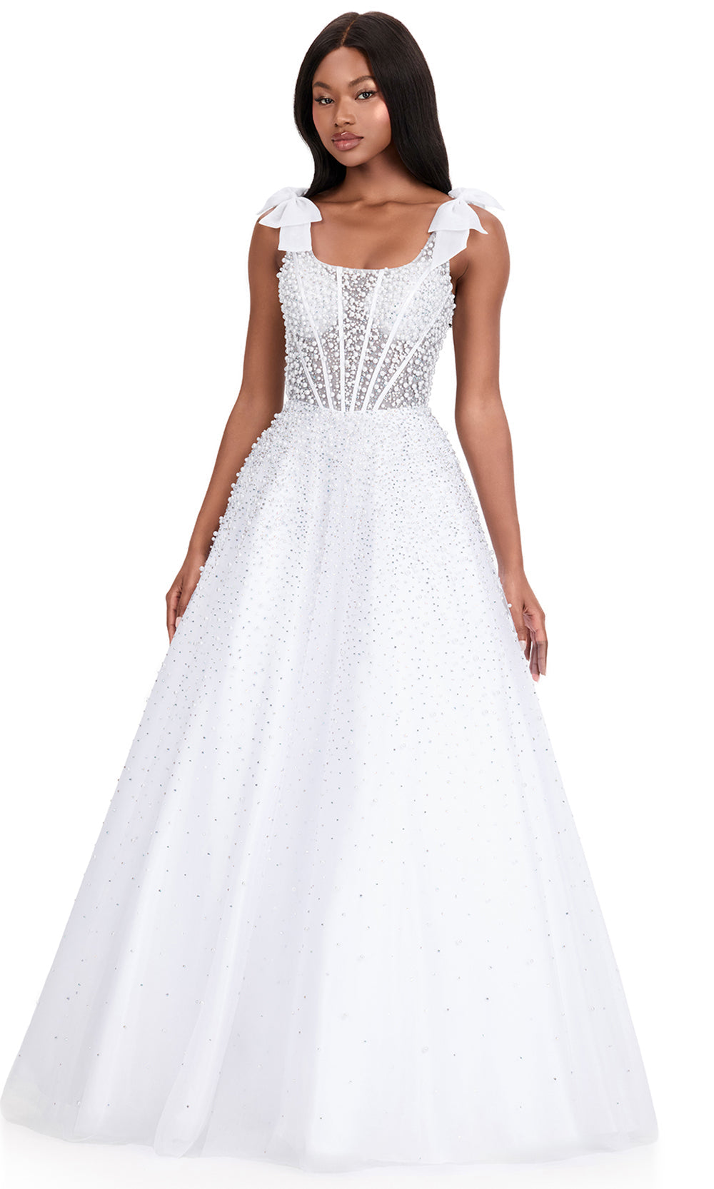 Ashley Lauren 12204 - Shoulder Bow Strap Pearl Beaded Dress in White 