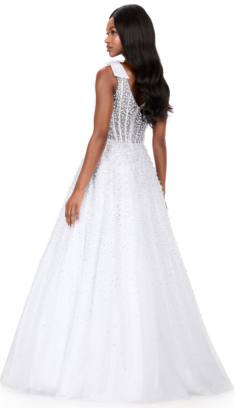 Ashley Lauren 12204 - Shoulder Bow Strap Pearl Beaded Dress in White 