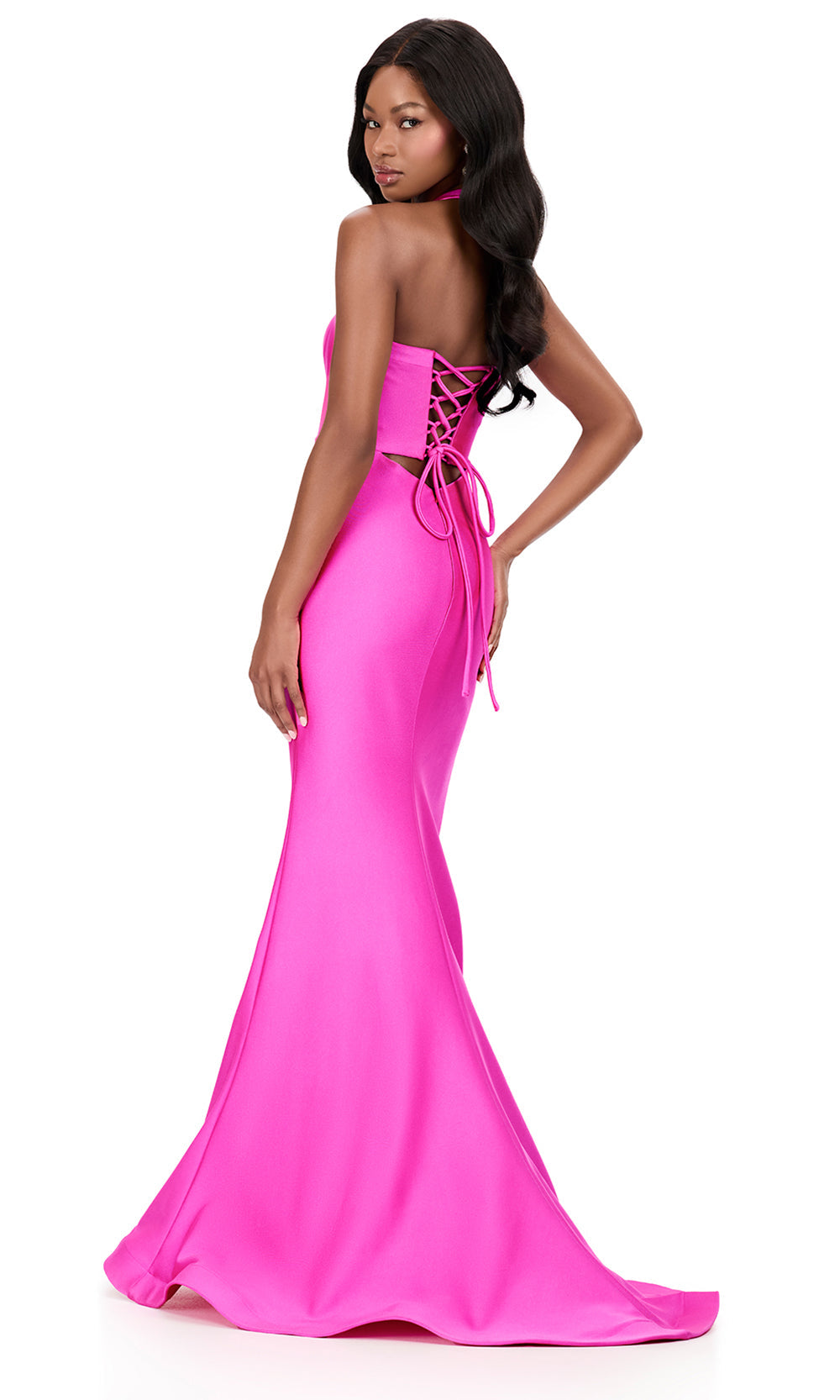 Ashley Lauren 12205 - Lace-Up Back Halter Jersey Dress in Fuchsia