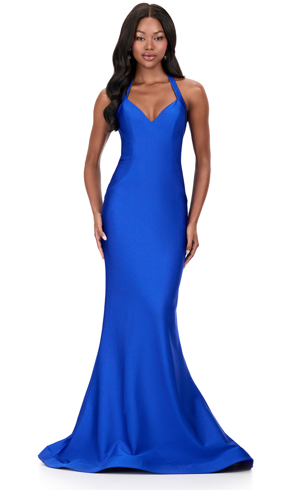 Ashley Lauren 12205 - Lace-Up Back Halter Jersey Dress in Royal
