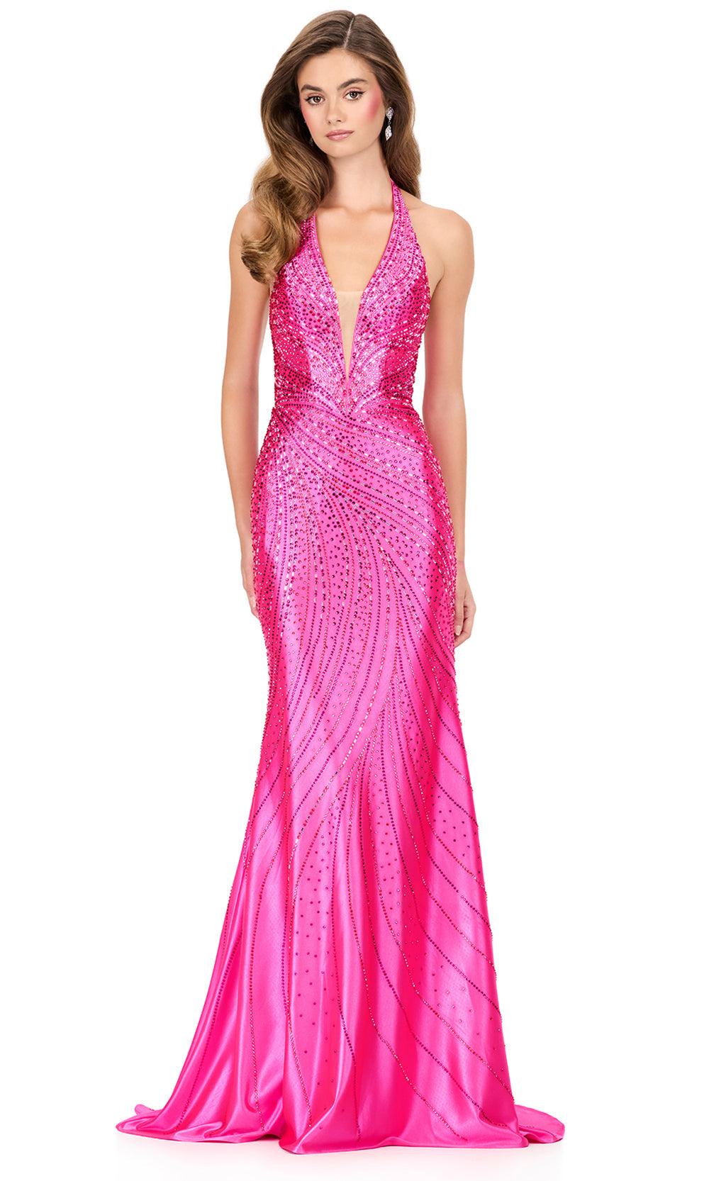 Ashley Lauren 12206 - Plungin g Halter Bead Embellished Long Gown in Fuchsia