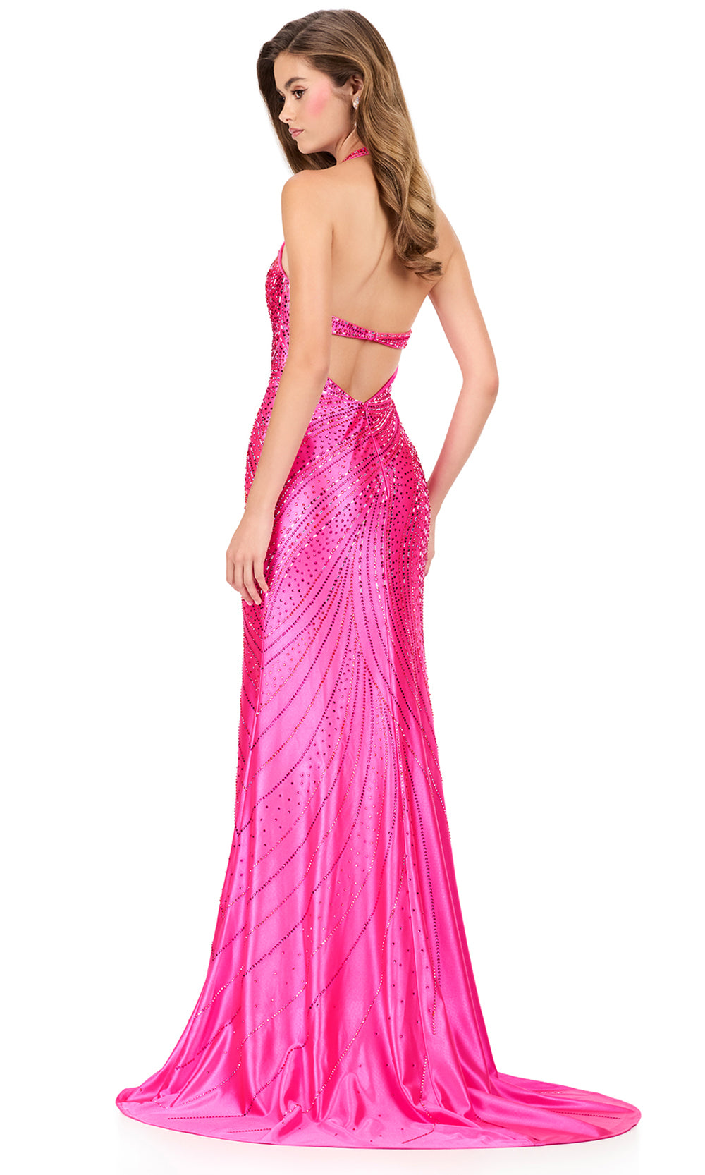 Ashley Lauren 12206 - Plungin g Halter Bead Embellished Long Gown in Fuchsia