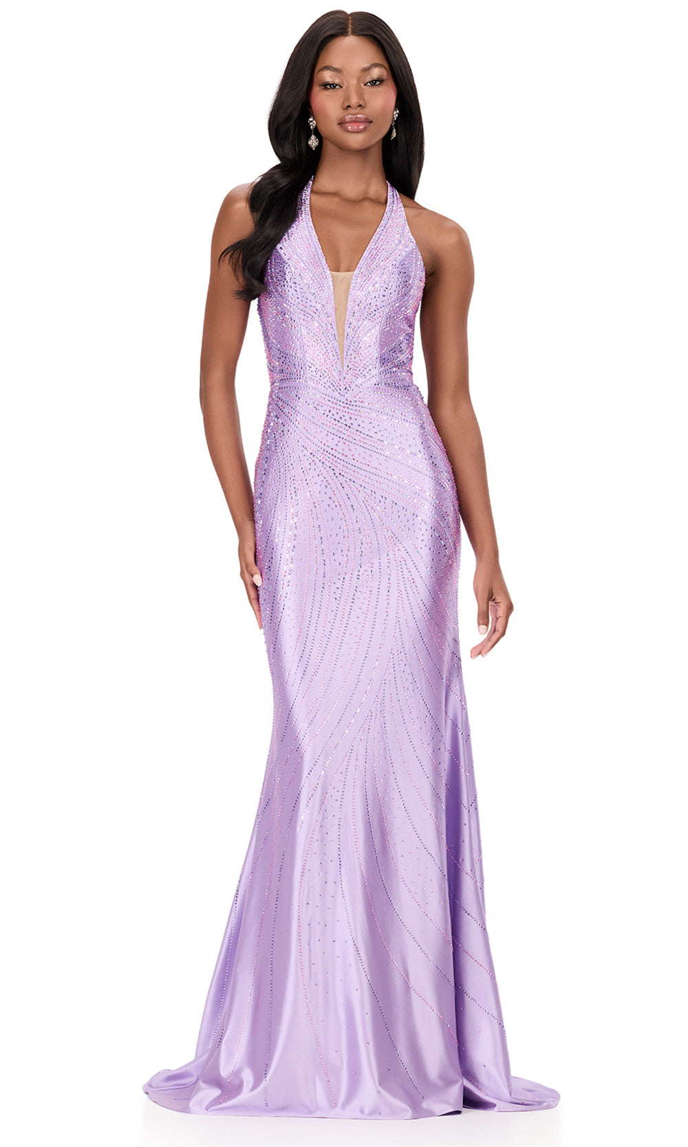 Ashley Lauren 12206 - Plungin g Halter Bead Embellished Long Gown in Lilac