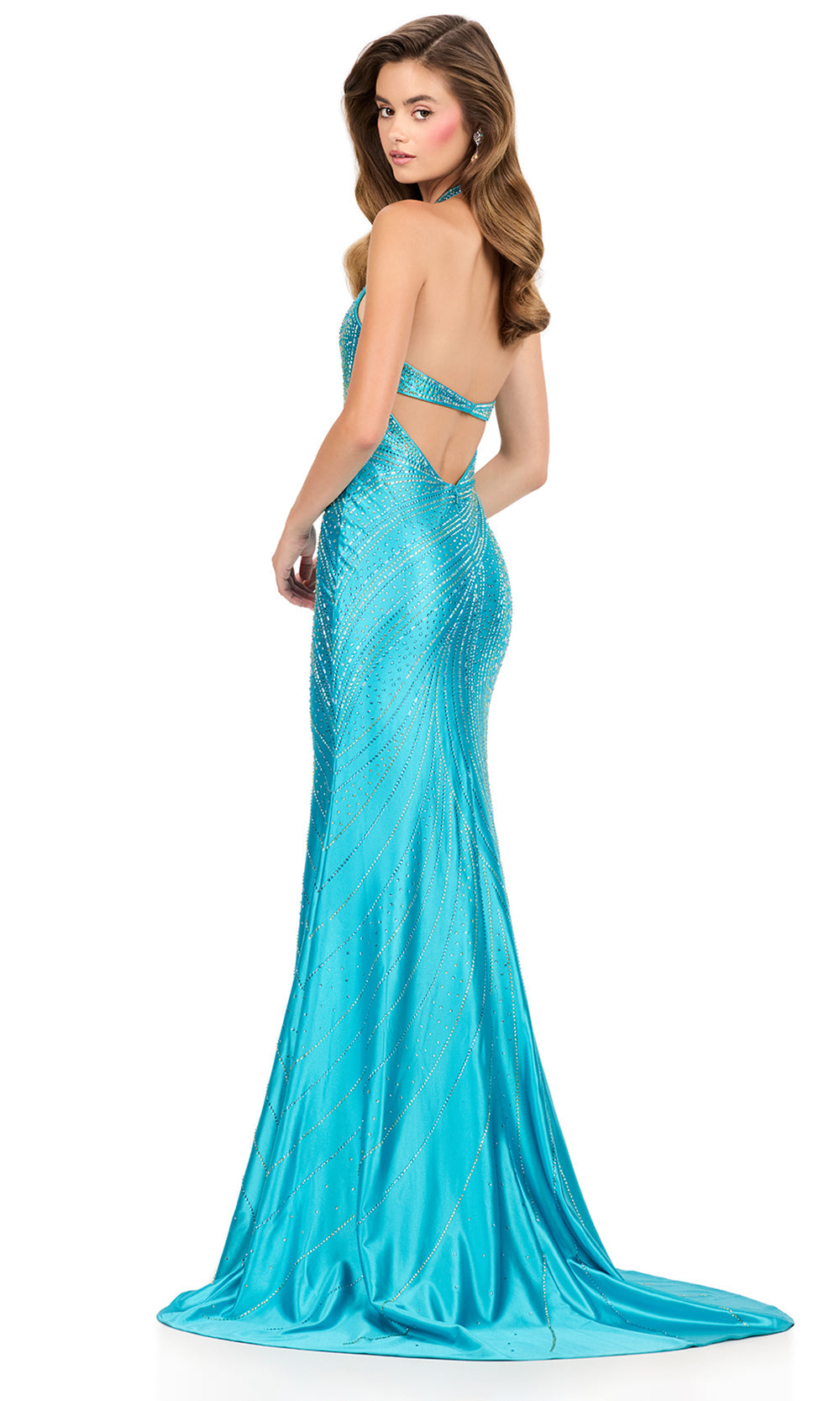 Ashley Lauren 12206 - Plungin g Halter Bead Embellished Long Gown in Turquoise