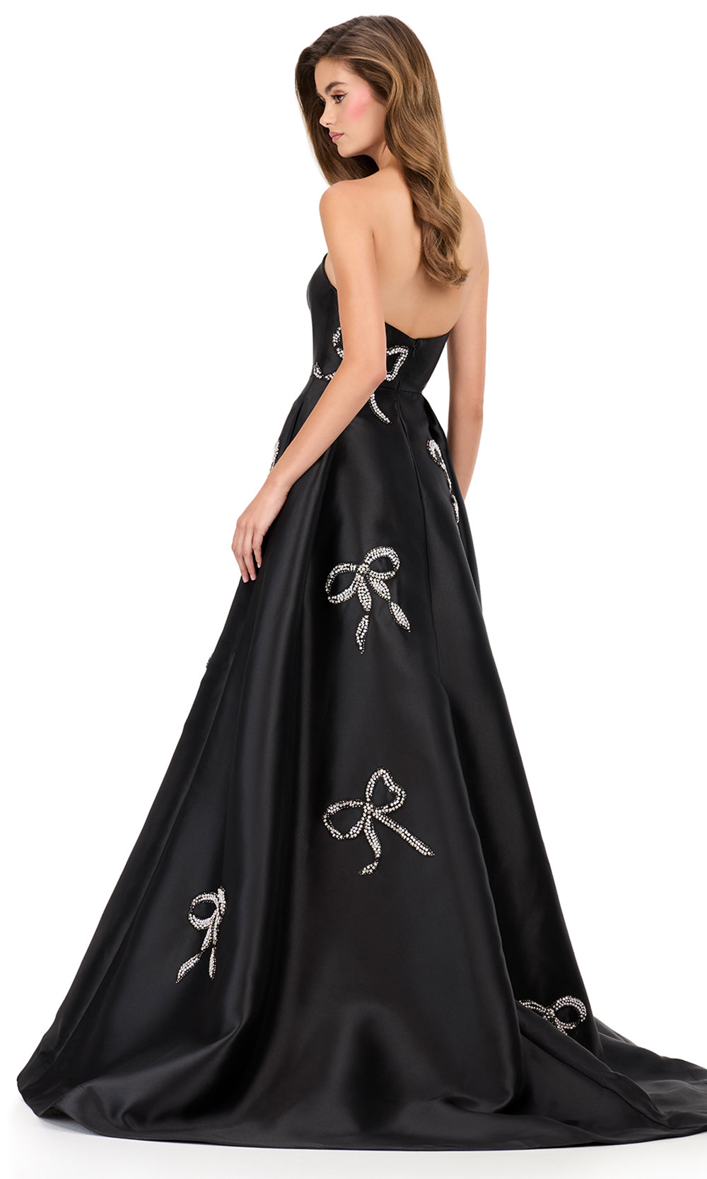 Ashley Lauren 12207 - Crystal Bow Applique Mikado Ballgown in Black
