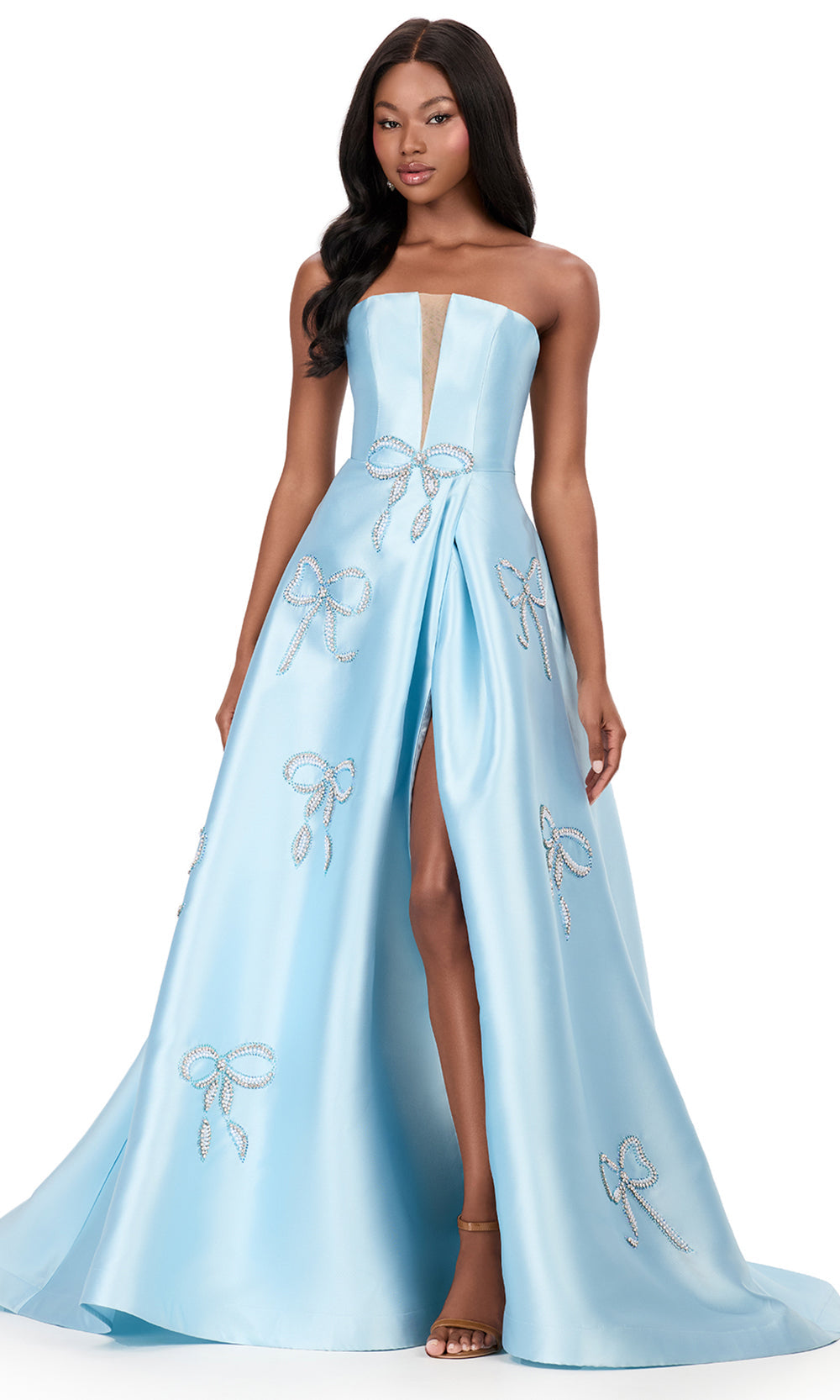 Ashley Lauren 12207 - Crystal Bow Applique Mikado Ballgown in in Ice Blue