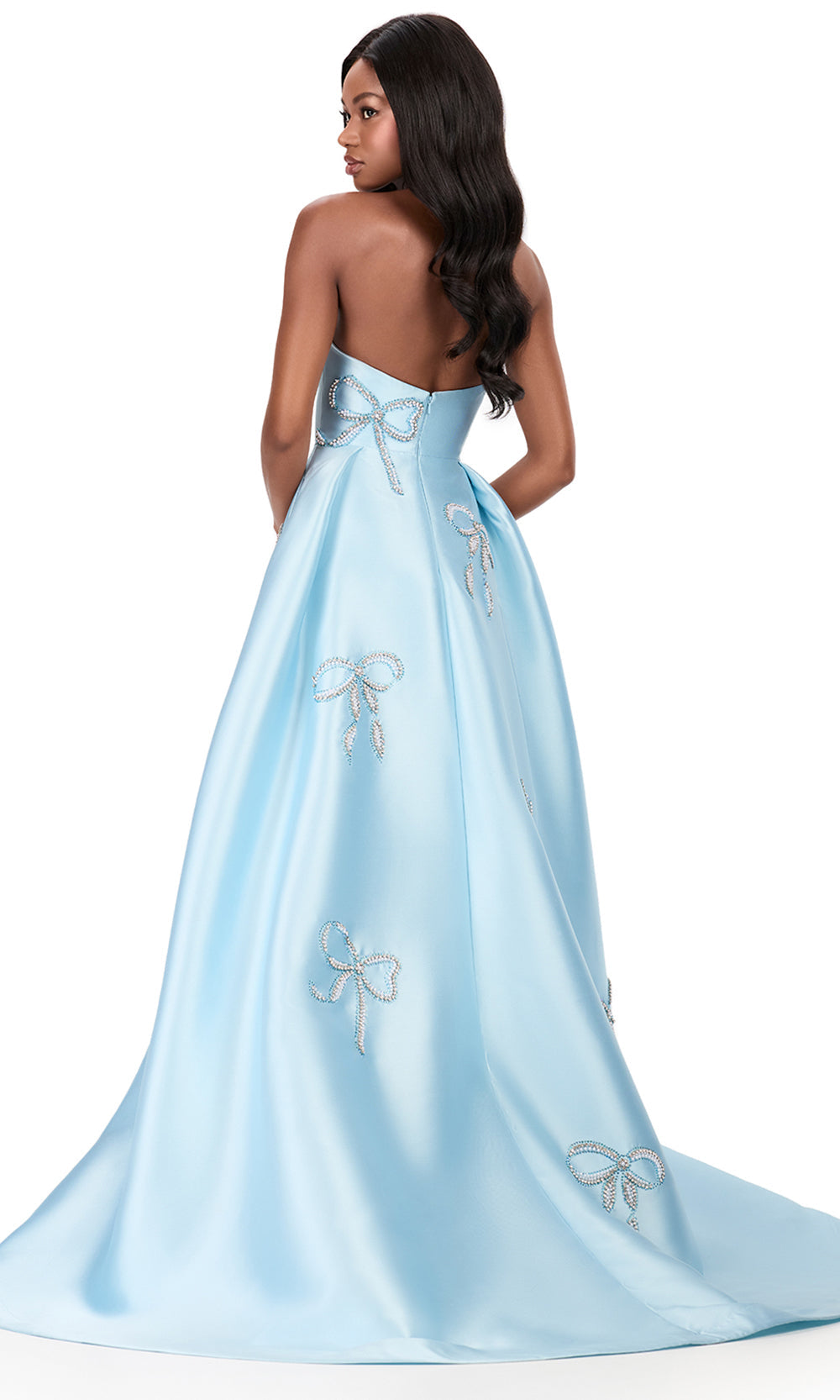 Ashley Lauren 12207 - Crystal Bow Applique Mikado Ballgown in in Ice Blue