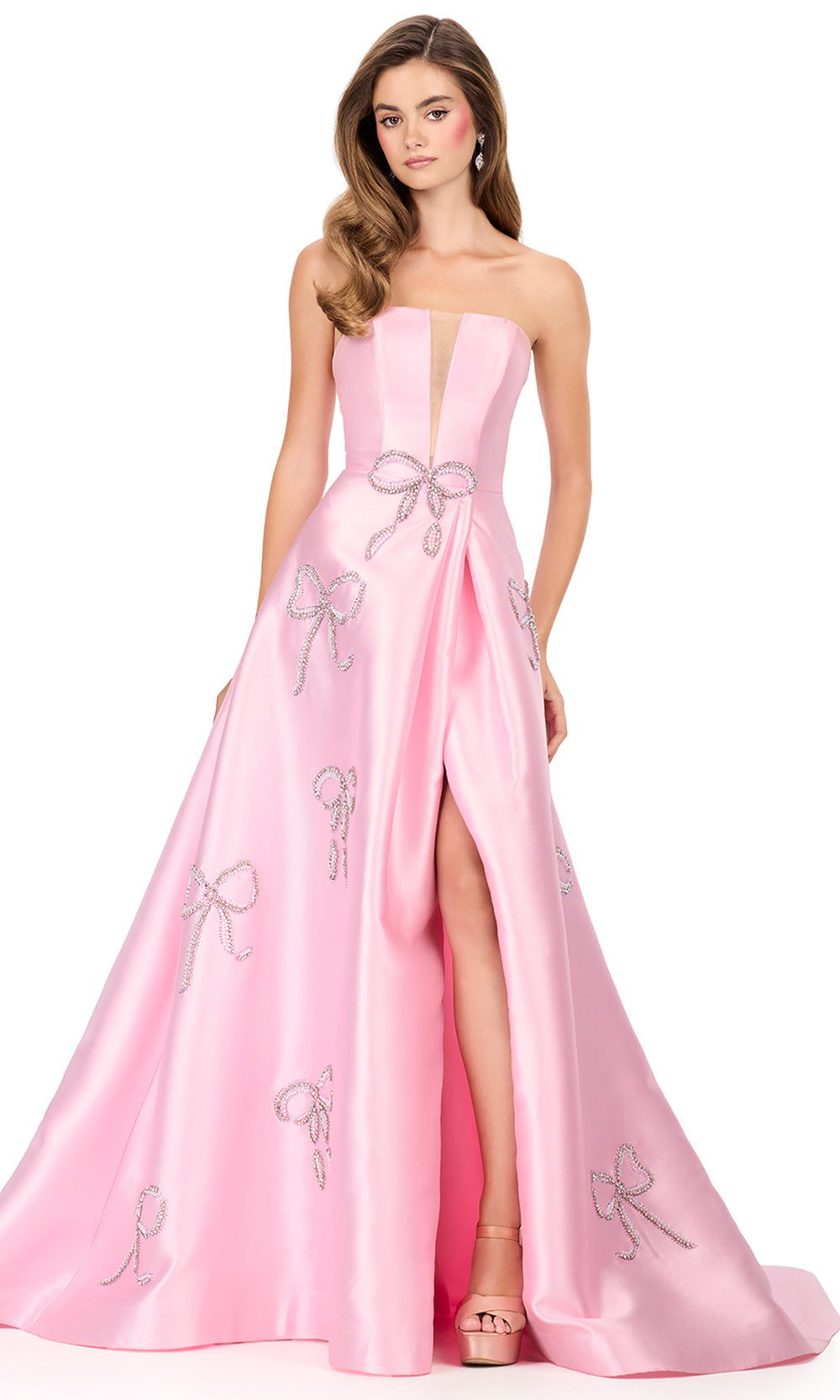 Ashley Lauren 12207 - Crystal Bow Applique Mikado Ballgown in Pink