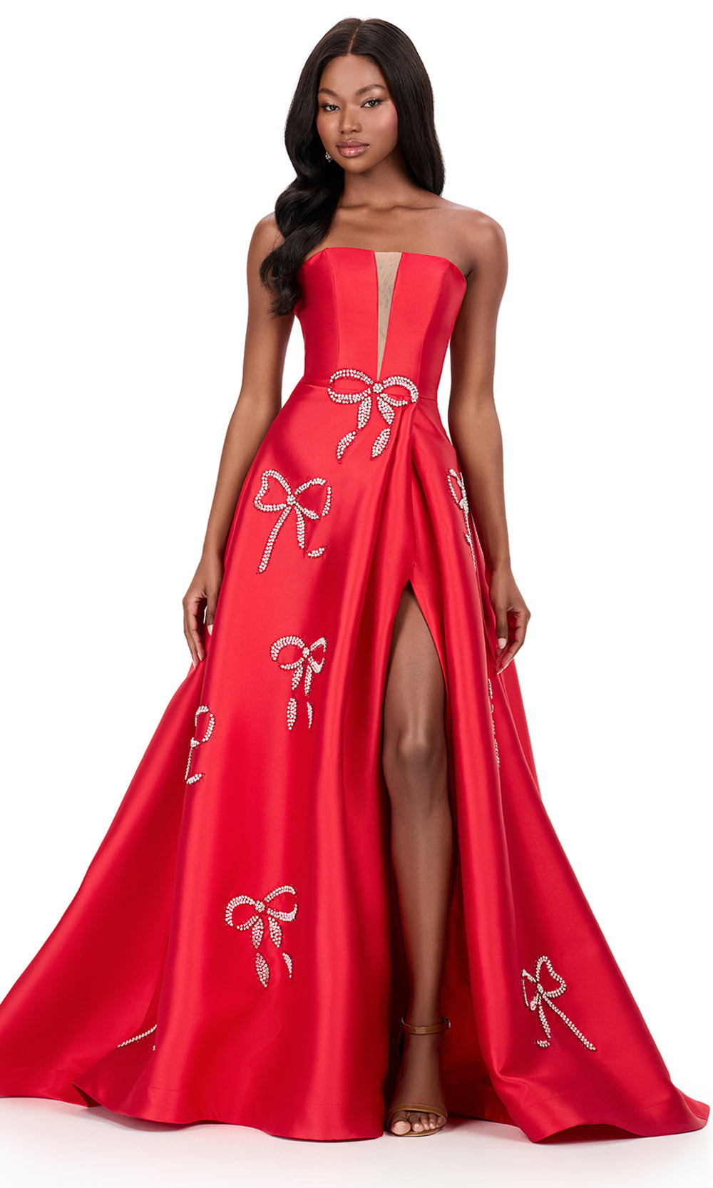 Ashley Lauren 12207 - Crystal Bow Applique Mikado Ballgown in Red