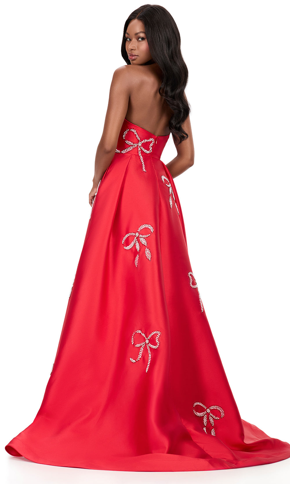 Ashley Lauren 12207 - Crystal Bow Applique Mikado Ballgown in Red