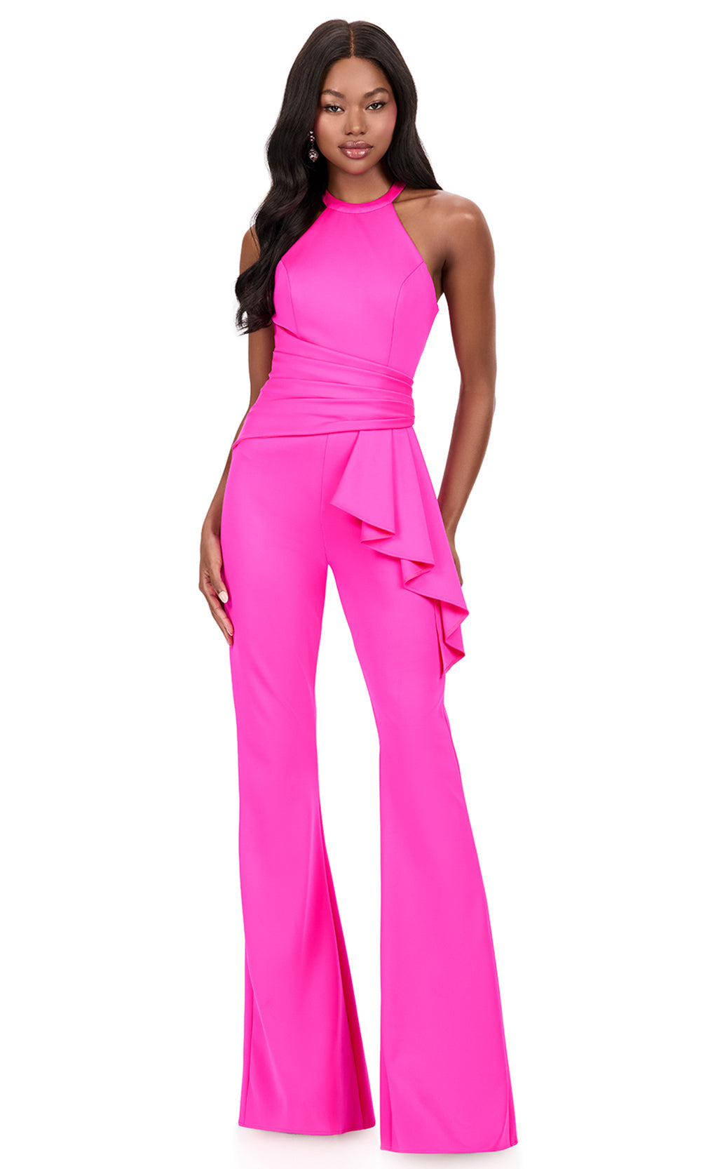 Ashley Lauren 12209 - High Halter Ruffle Peplum Jumpsuit in Fuchsia
