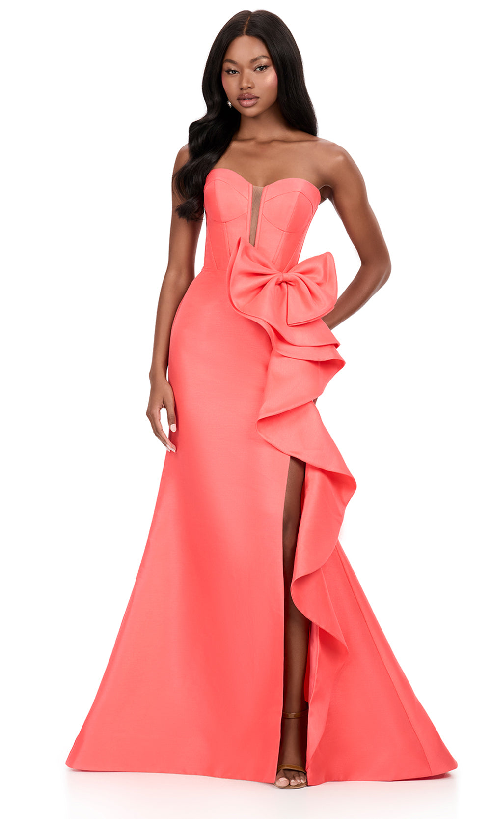 Ashley Lauren 12212 - Cascadin g Ruffle Mikado Strapless Dress in Coral 