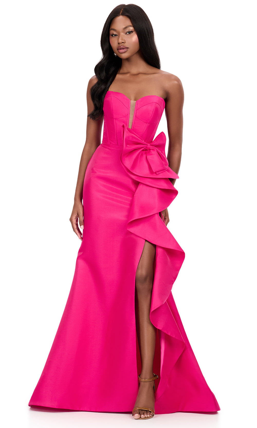 Ashley Lauren 12212 - Cascadin g Ruffle Mikado Strapless Dress in Fuchsia