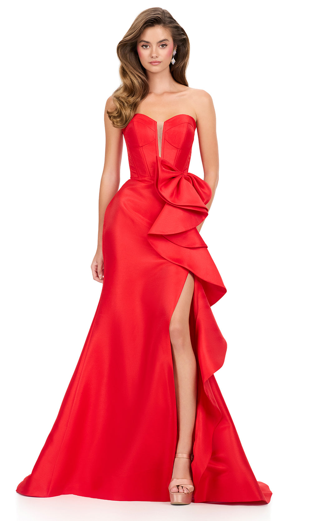 Ashley Lauren 12212 - Cascadin g Ruffle Mikado Strapless Dress in Red