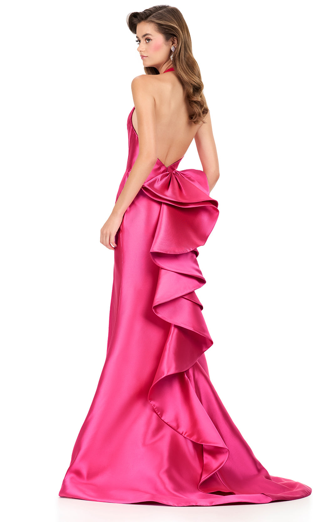 Ashley Lauren 12214 - Halter Neckline Mikado Dress with Ruffle Detail In Fuchsia