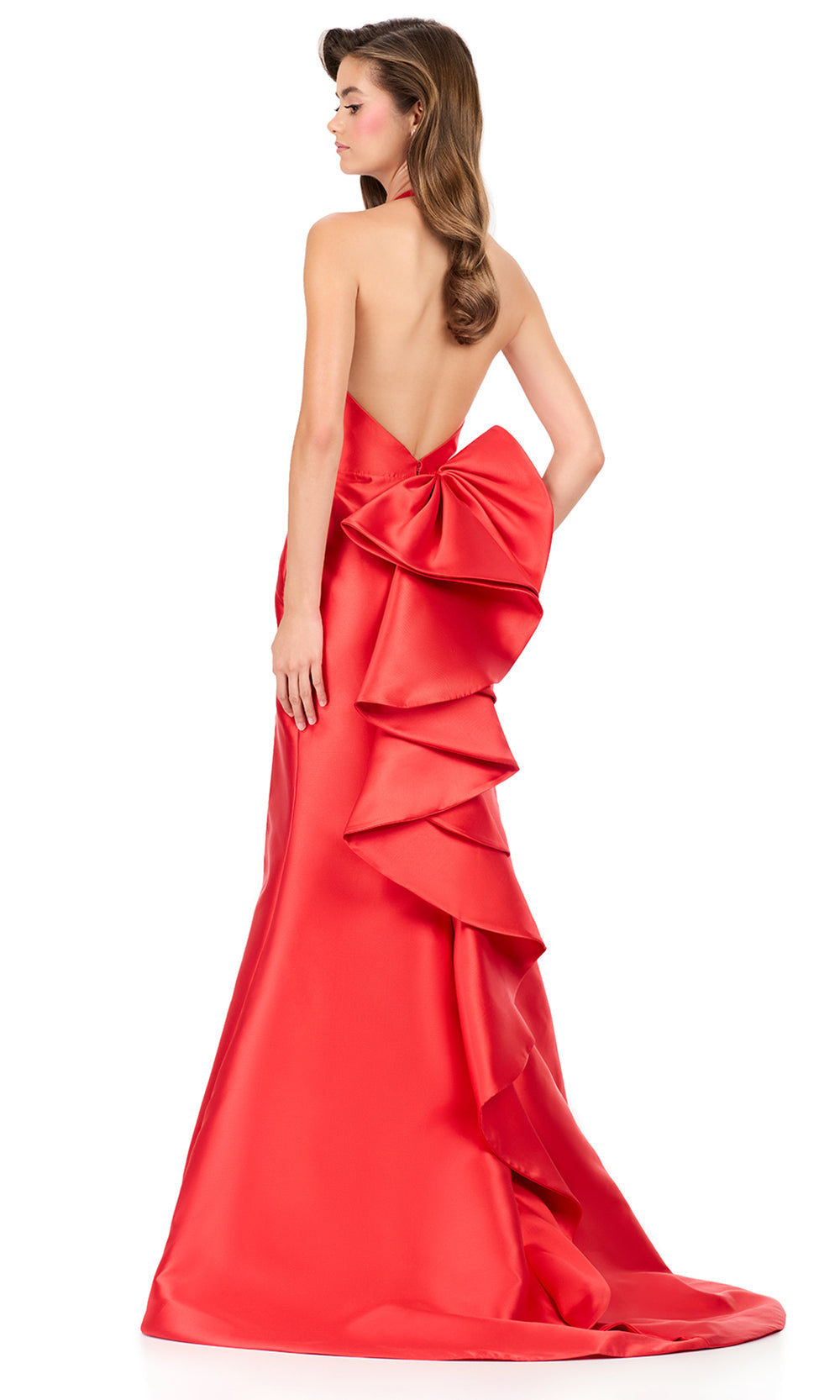 Ashley Lauren 12214 - Halter Neckline Mikado Dress with Ruffle Detail in Red