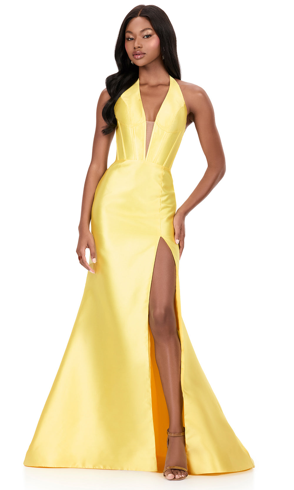 Ashley Lauren 12214 - Halter Neckline Mikado Dress with Ruffle Detail in Yellow