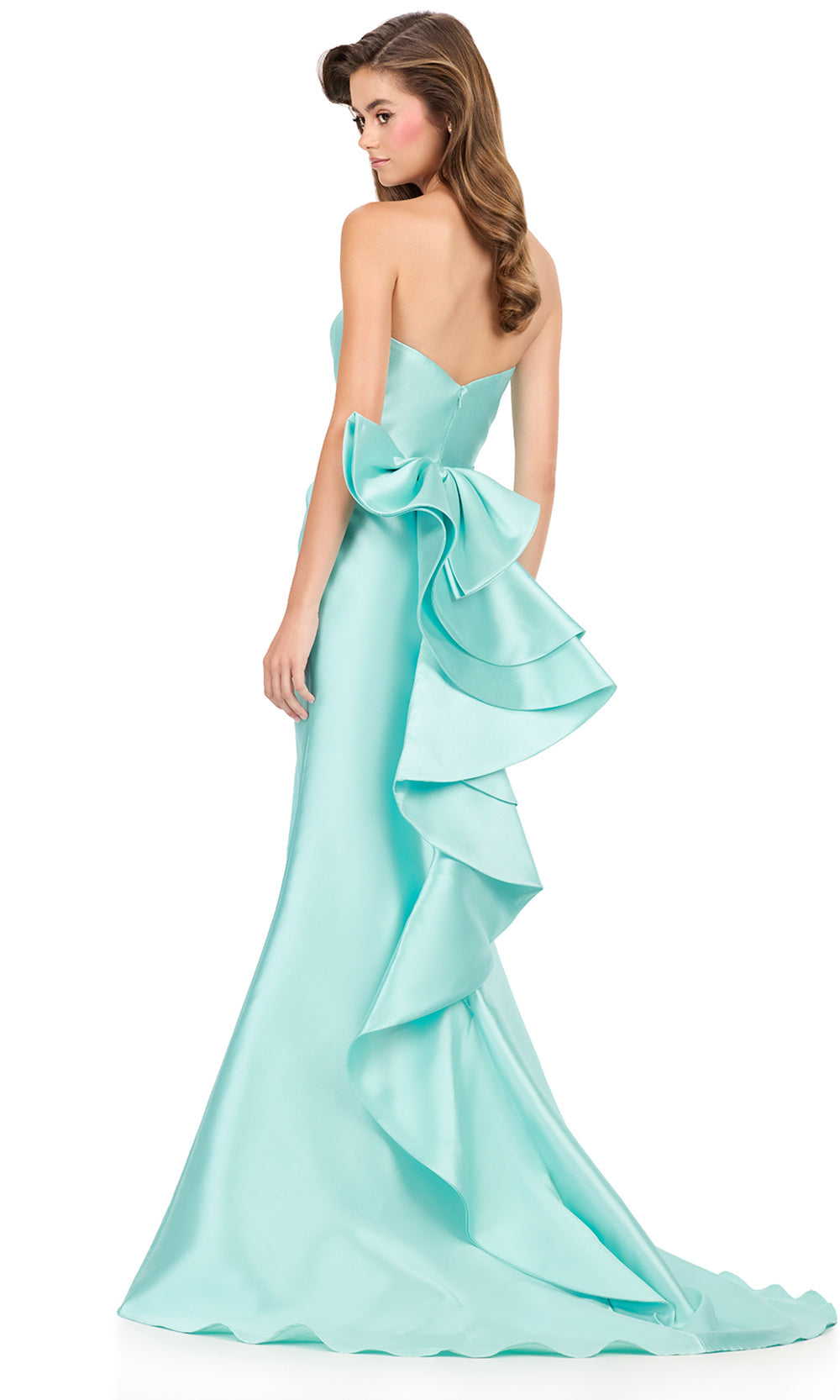 Ashley Lauren 12215 - Bow Ruffle Detail Mikado Long Dress in Aqua