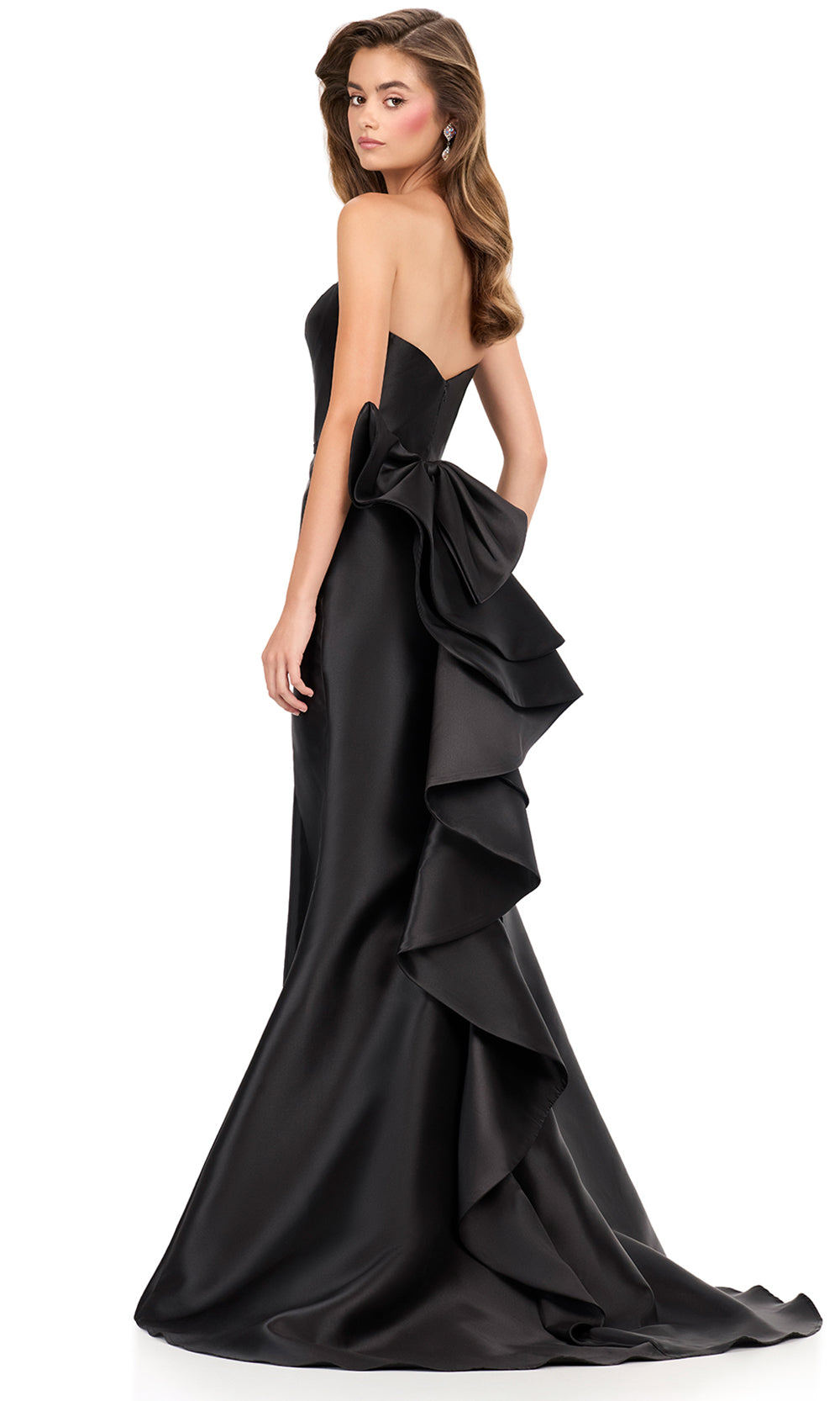 Ashley Lauren 12215 - Bow Ruffle Detail Mikado Long Dress in Black