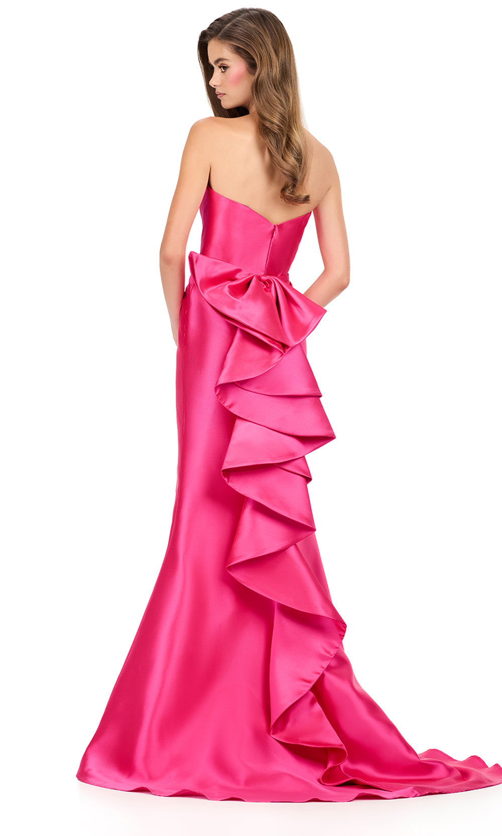 Ashley Lauren 12215 - Bow Ruffle Detail Mikado Long Dress in Fuchsia