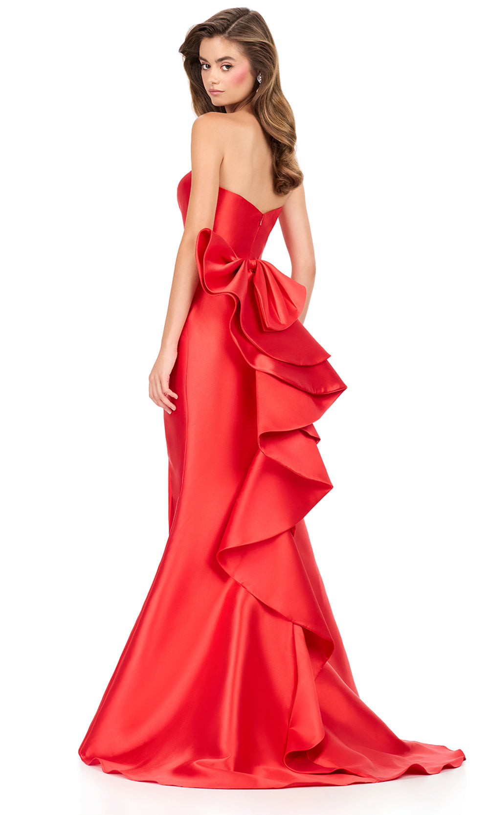 Ashley Lauren 12215 - Bow Ruffle Detail Mikado Long Dress in Red