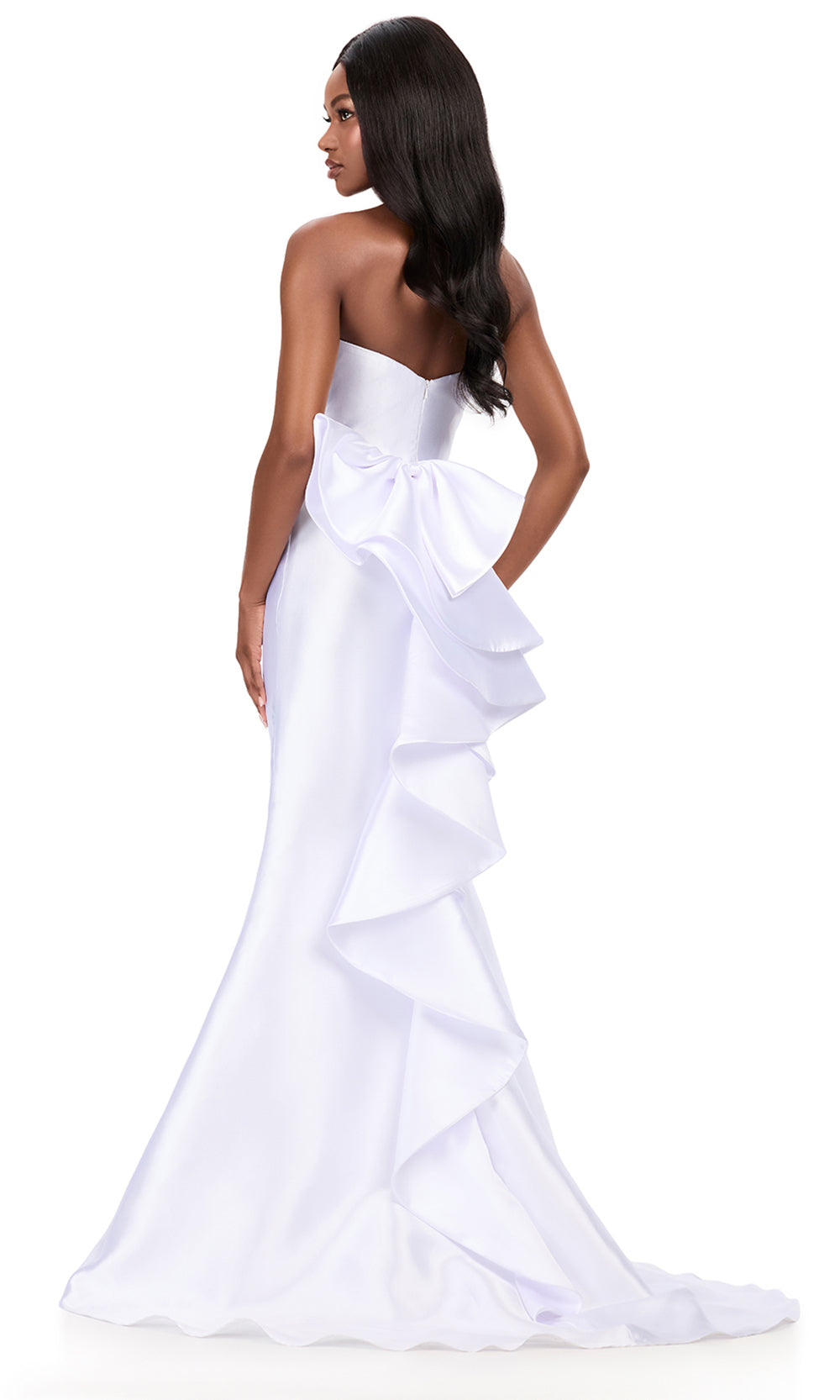 Ashley Lauren 12215 - Bow Ruffle Detail Mikado Long Dress in White