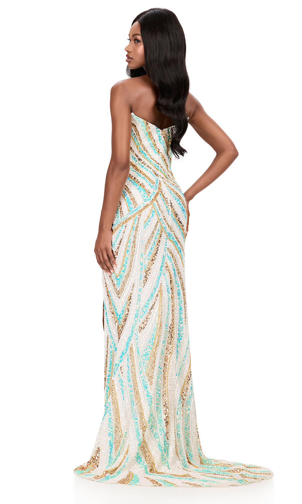 Ashley Lauren 12218 - Strapless Beaded Stripe Evening Gown in AquaIvory