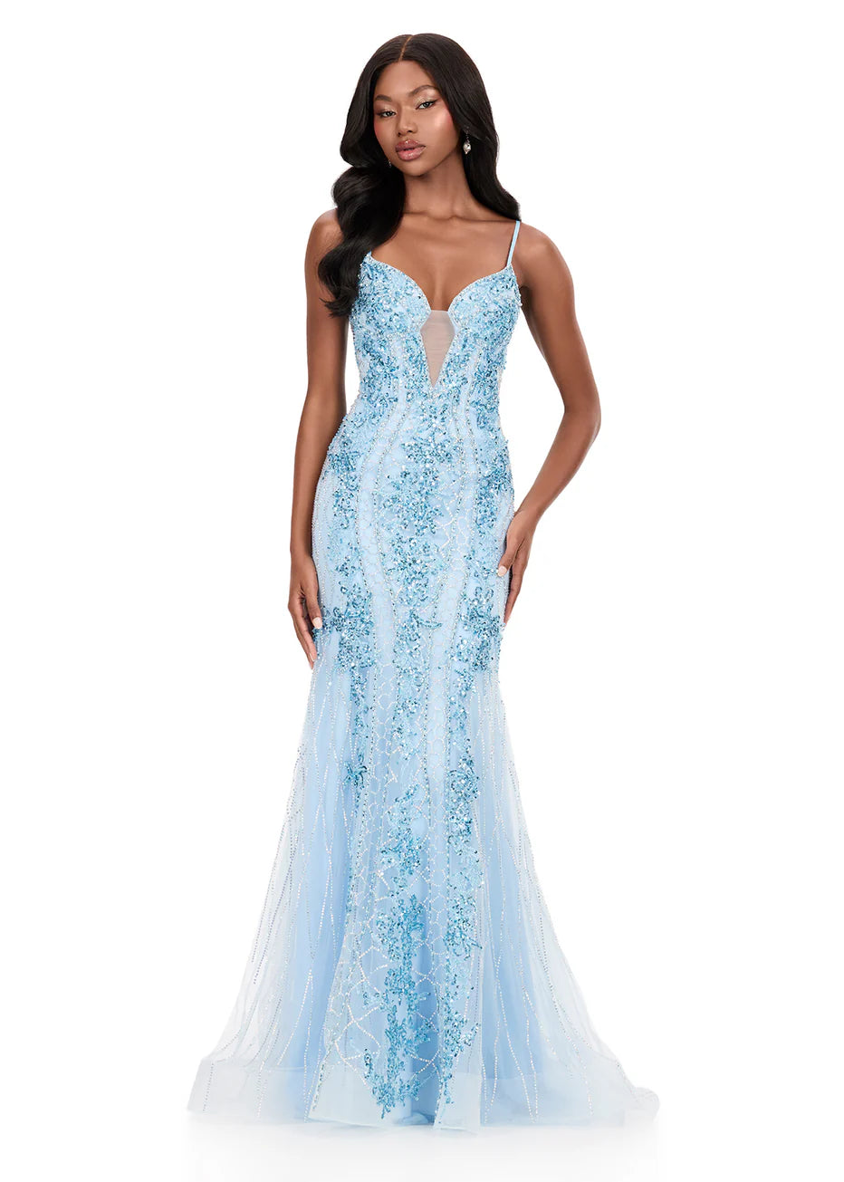 Ashley Lauren 12221 - Lace-Up Back Applique Sheath Gown
