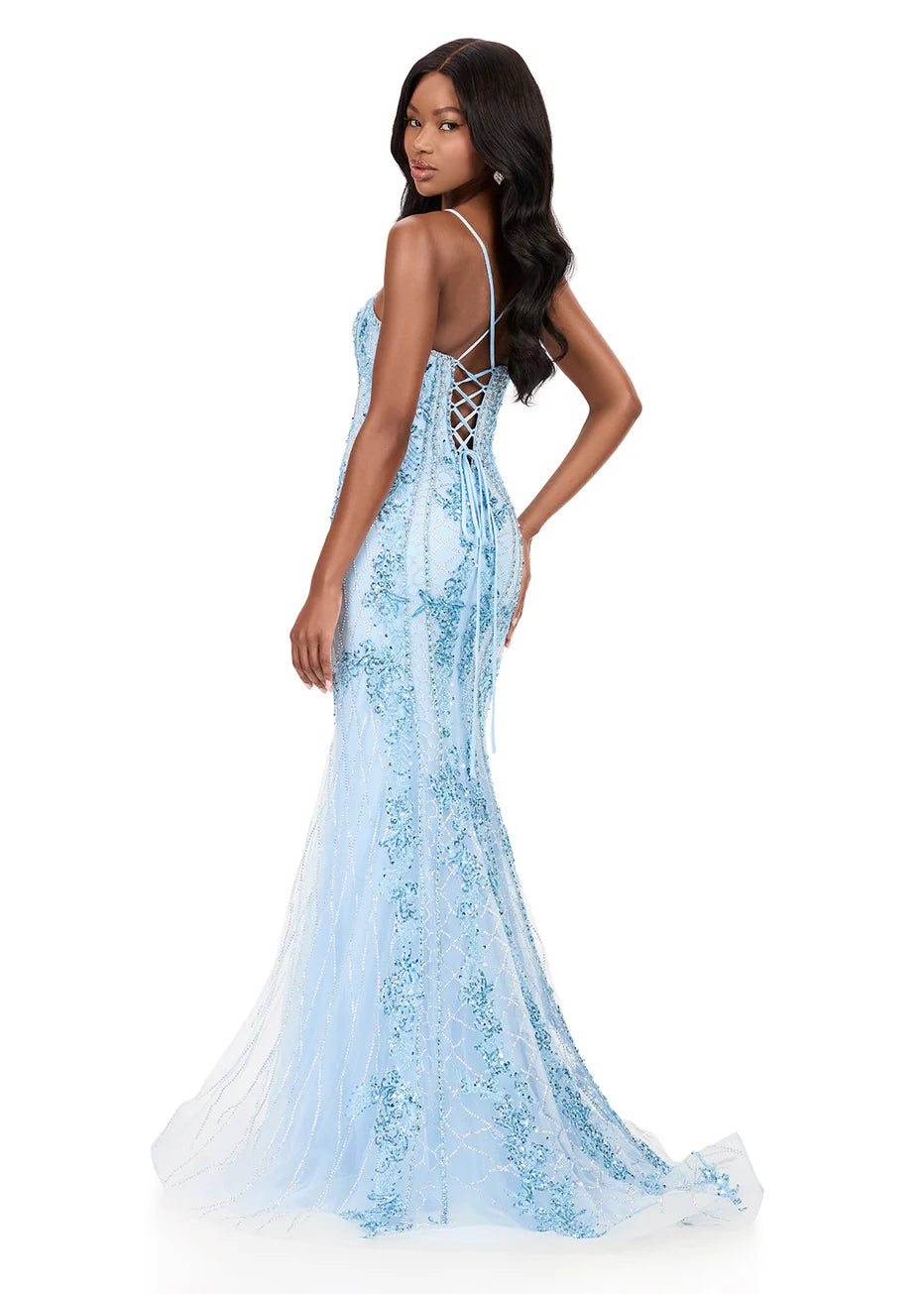 Ashley Lauren 12221 - Lace-Up Back Applique Sheath Gown