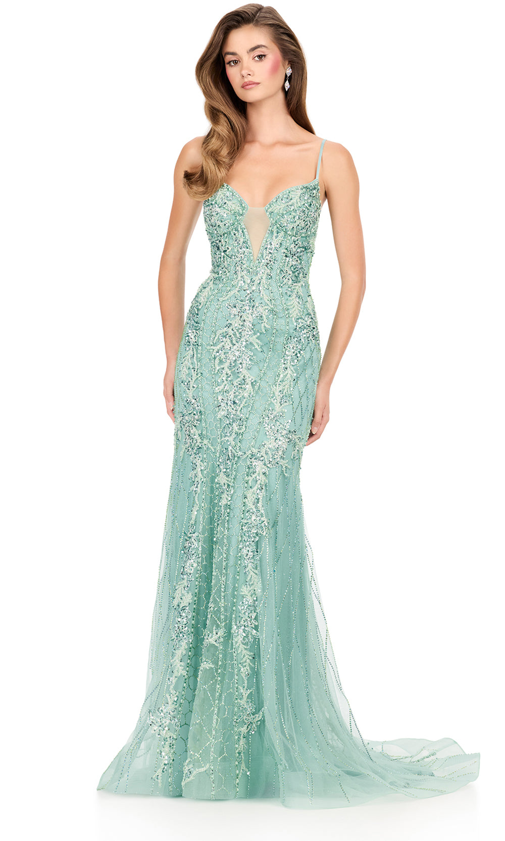 Ashley Lauren 12221 - Metallic Applique Plungin g Illusion Gown in Sage