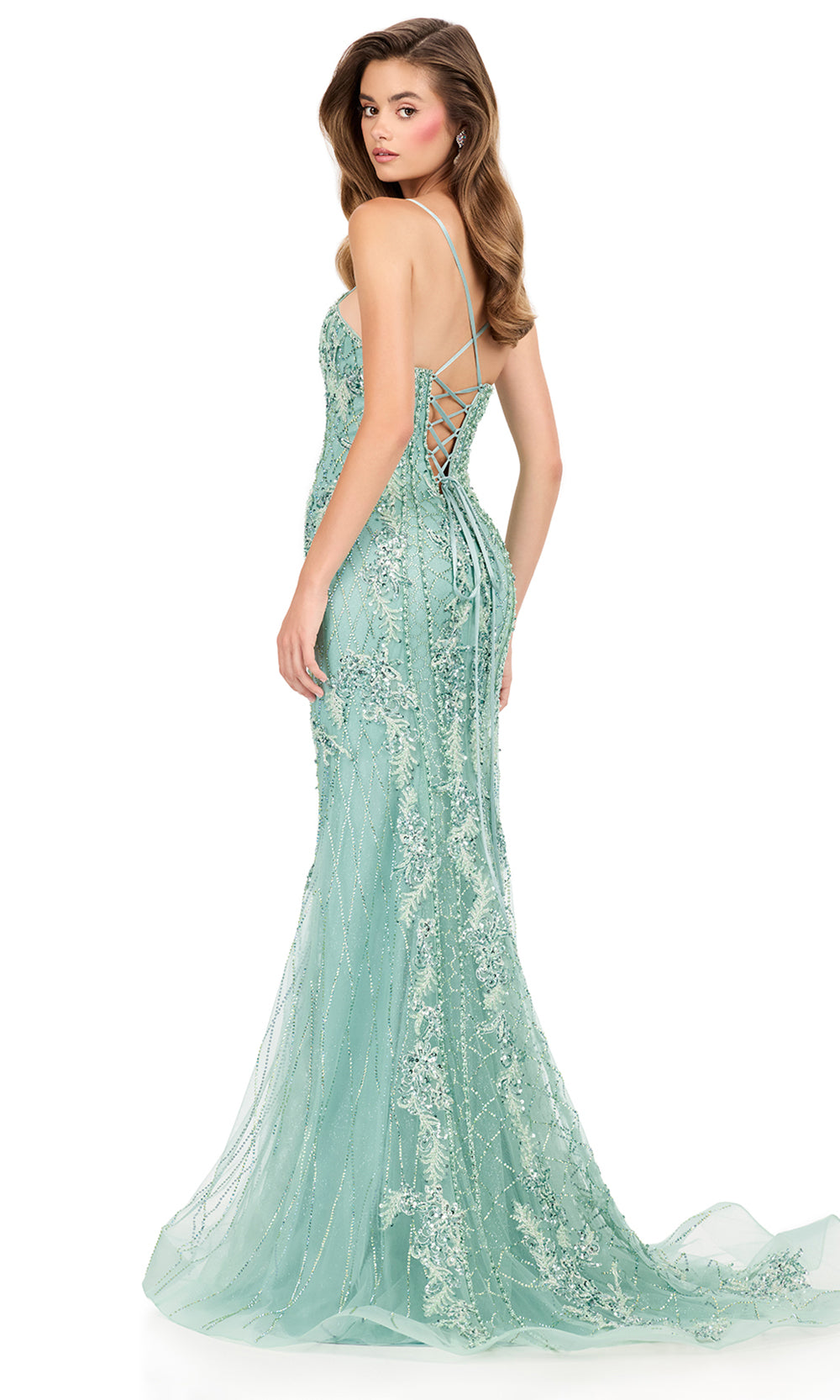 Ashley Lauren 12221 - Metallic Applique Plungin g Illusion Gown in Sage