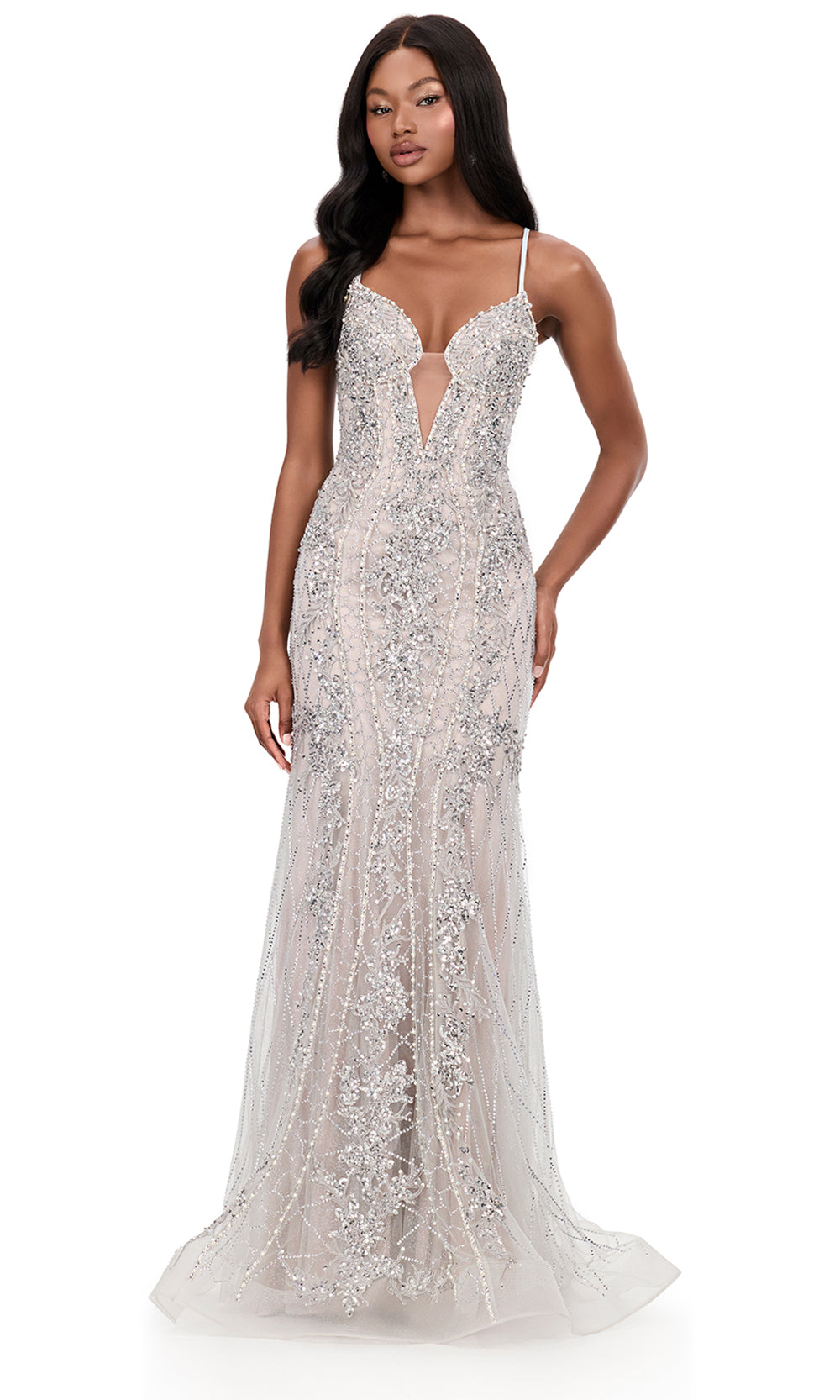 Ashley Lauren 12221 - Metallic Applique Plungin g Illusion Gown in Silver