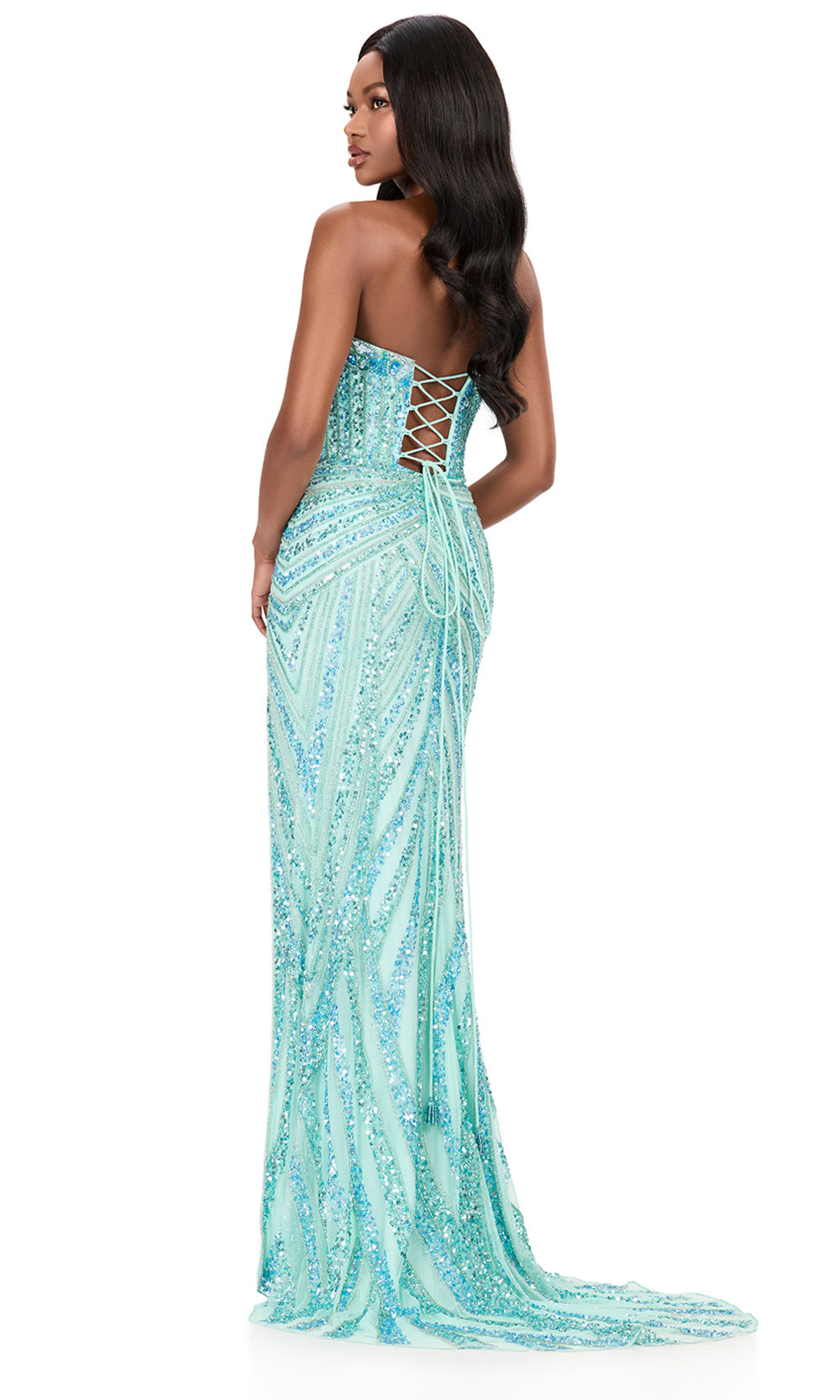 Ashley Lauren 12230 - Hand Beaded Plunging V-Neck Prom Dress In Aqua