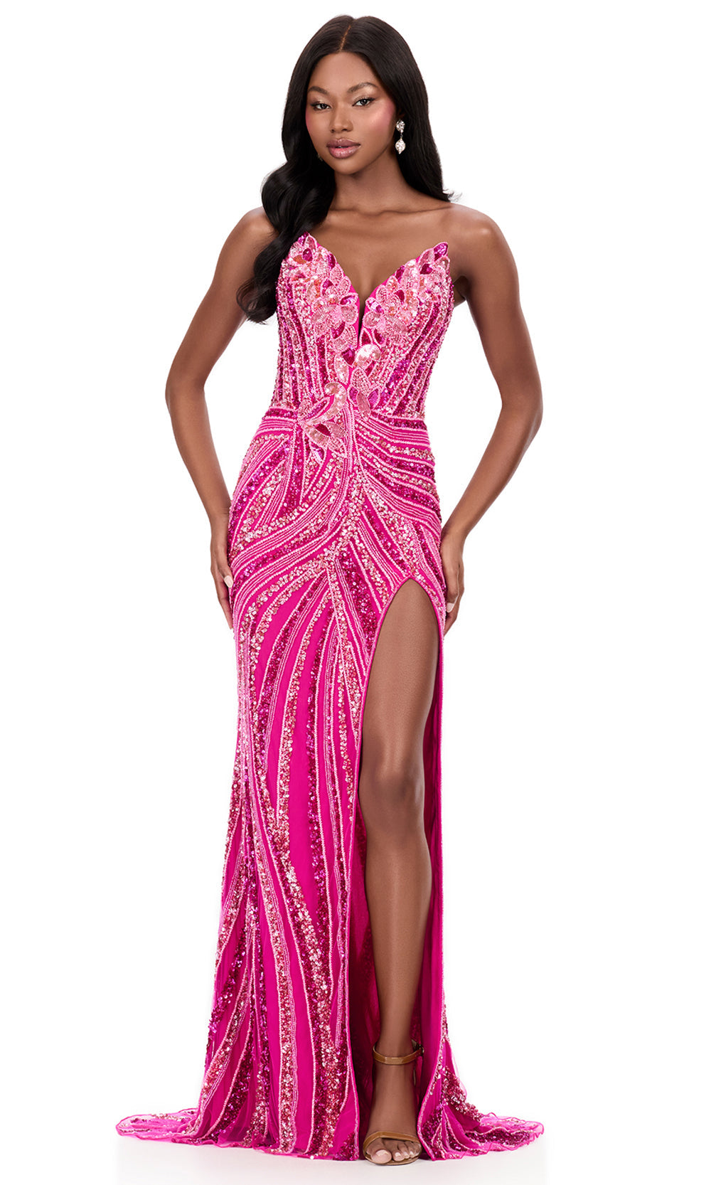 Ashley Lauren 12230 - Hand Beaded Plunging V-Neck Prom Dress In Fuchsia