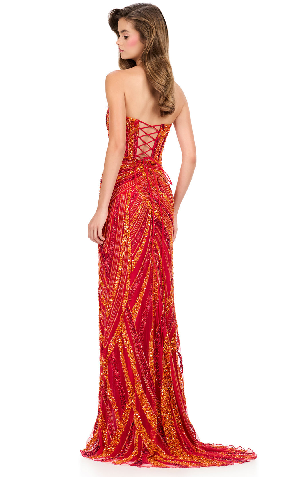 Ashley Lauren 12230 - Hand Beaded Plunging V-Neck Prom Dress In Orange Red