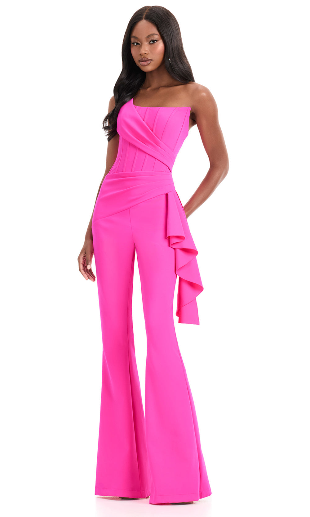 Ashley Lauren 12233 - One Shoulder Corset Style Jumpsuit in Fuchsia