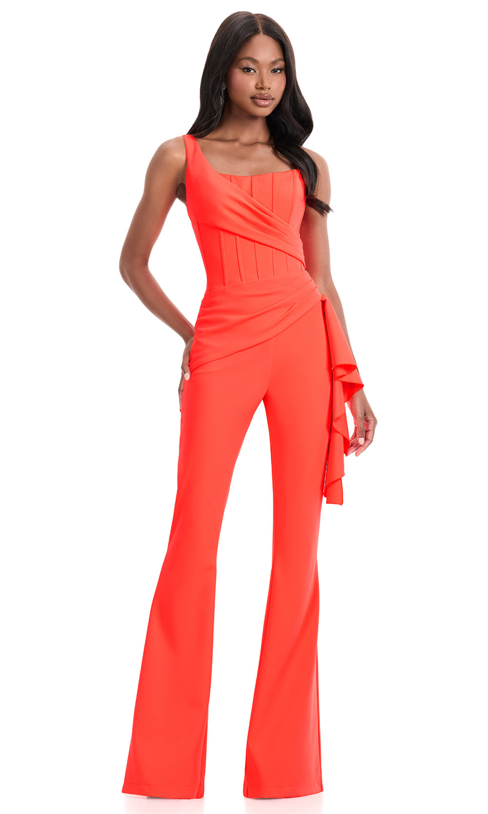 Ashley Lauren 12233 - One Shoulder Corset Style Jumpsuit in NeonOrange