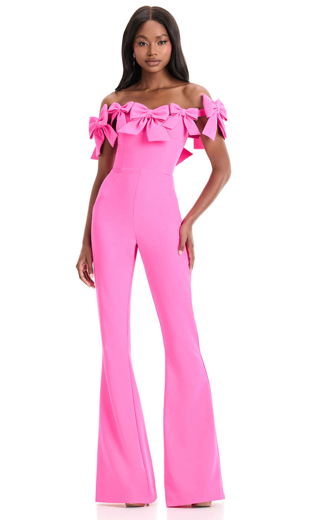 Ashley Lauren 12236 - Off Shoulder Bow Detail Jumpsuit in Hot Pink