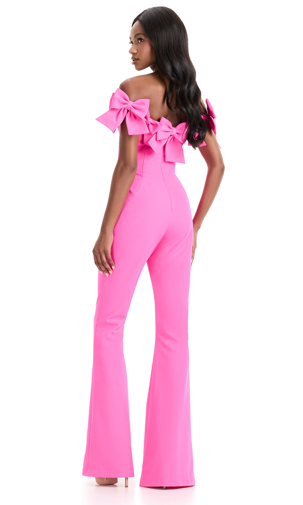 Ashley Lauren 12236 - Off Shoulder Bow Detail Jumpsuit in Hot Pink