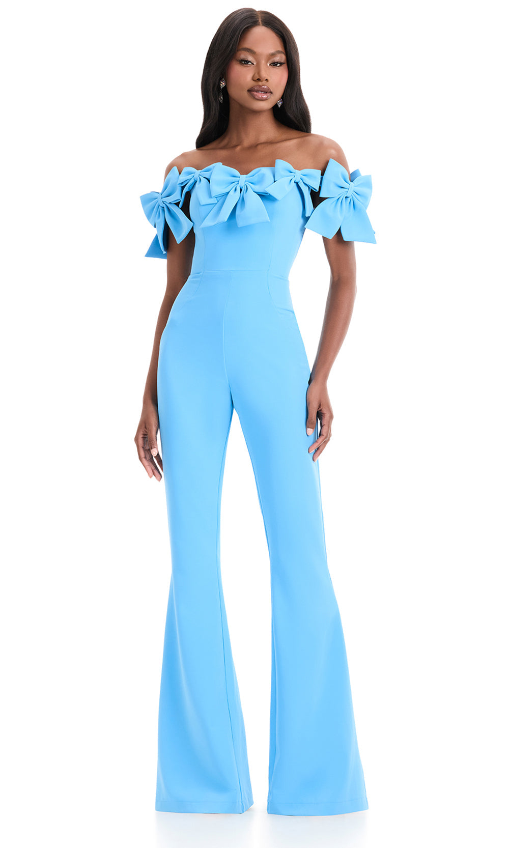 Ashley Lauren 12236 - Off Shoulder Bow Detail Jumpsuit in Sky